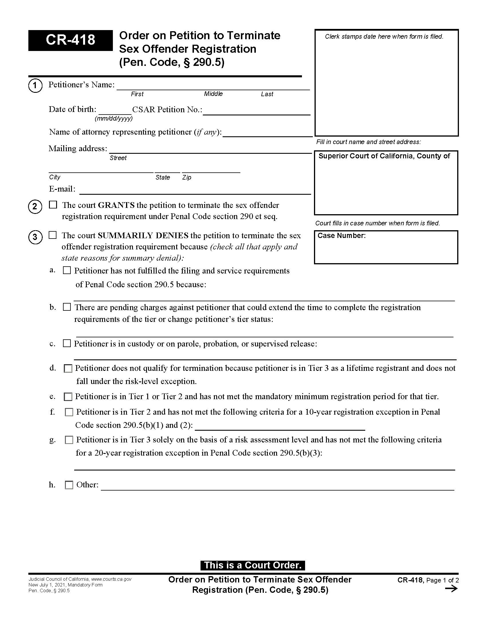 Order On Petition To Terminate Sex Offender Registration {CR-418} | Pdf Fpdf Docx | California