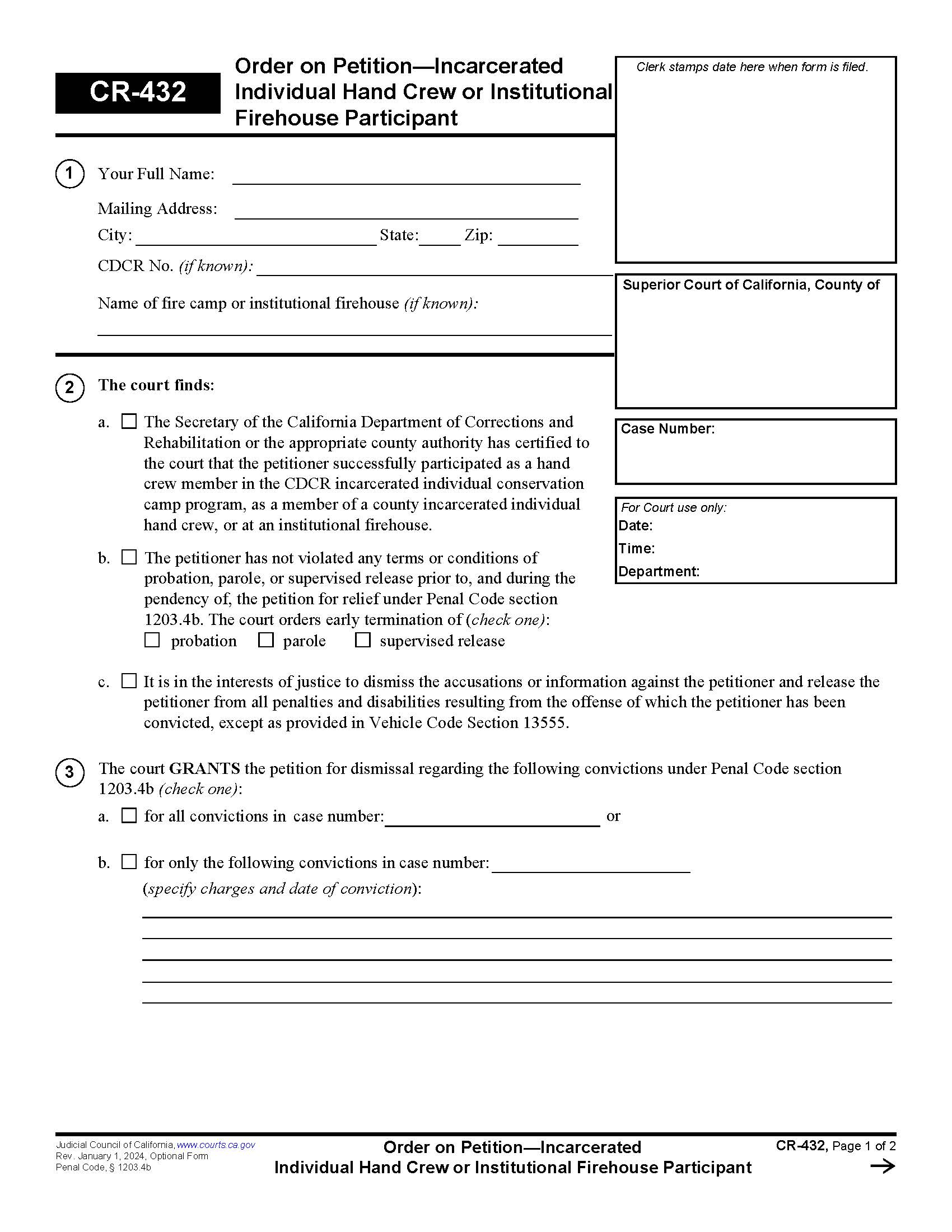Order On Petition-Incarcerated Individual Hand Crew (Pen. Code 1203.4b) {CR-432} | Pdf Fpdf Docx | California