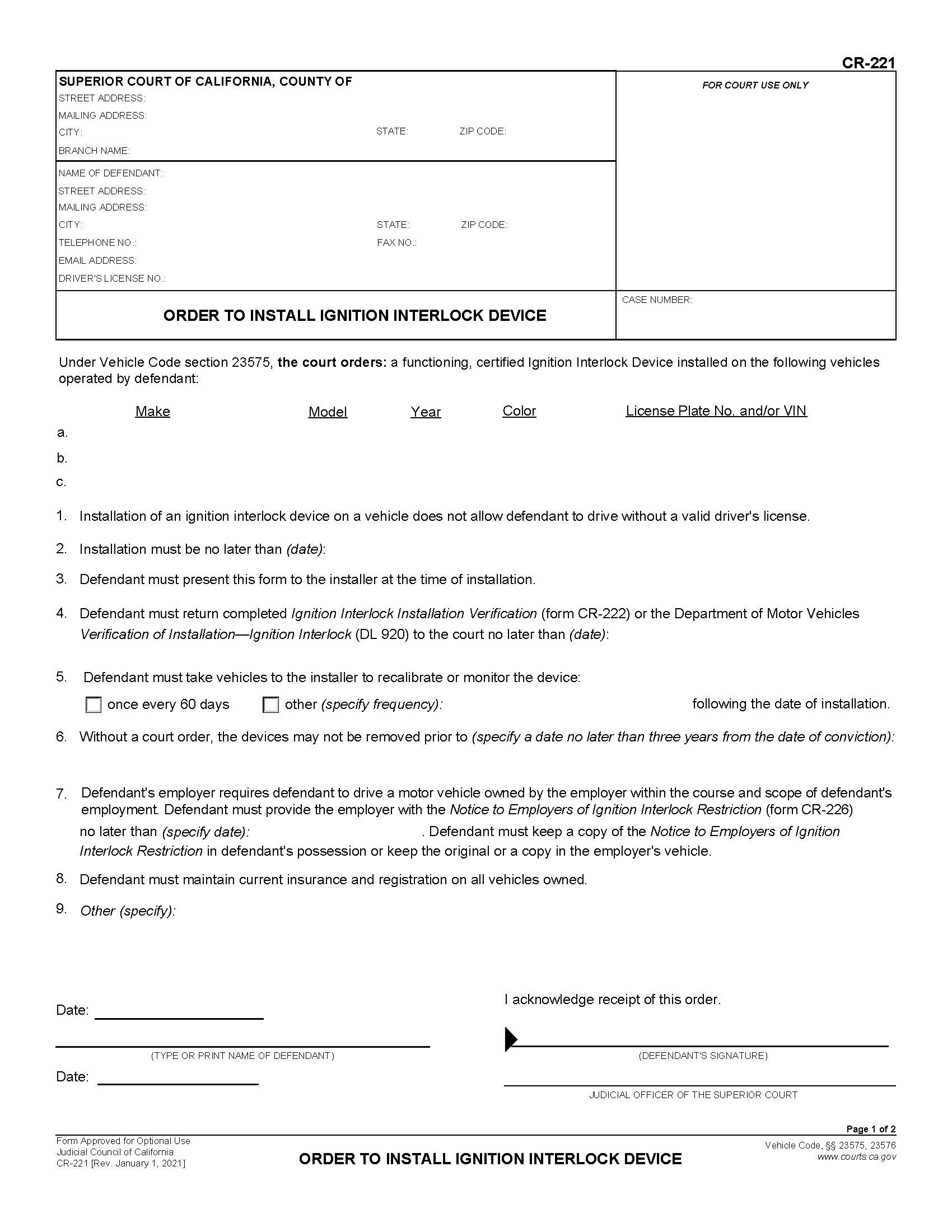 Order To Install Ignition Interlock Device {CR-221} | Pdf Fpdf Docx | California