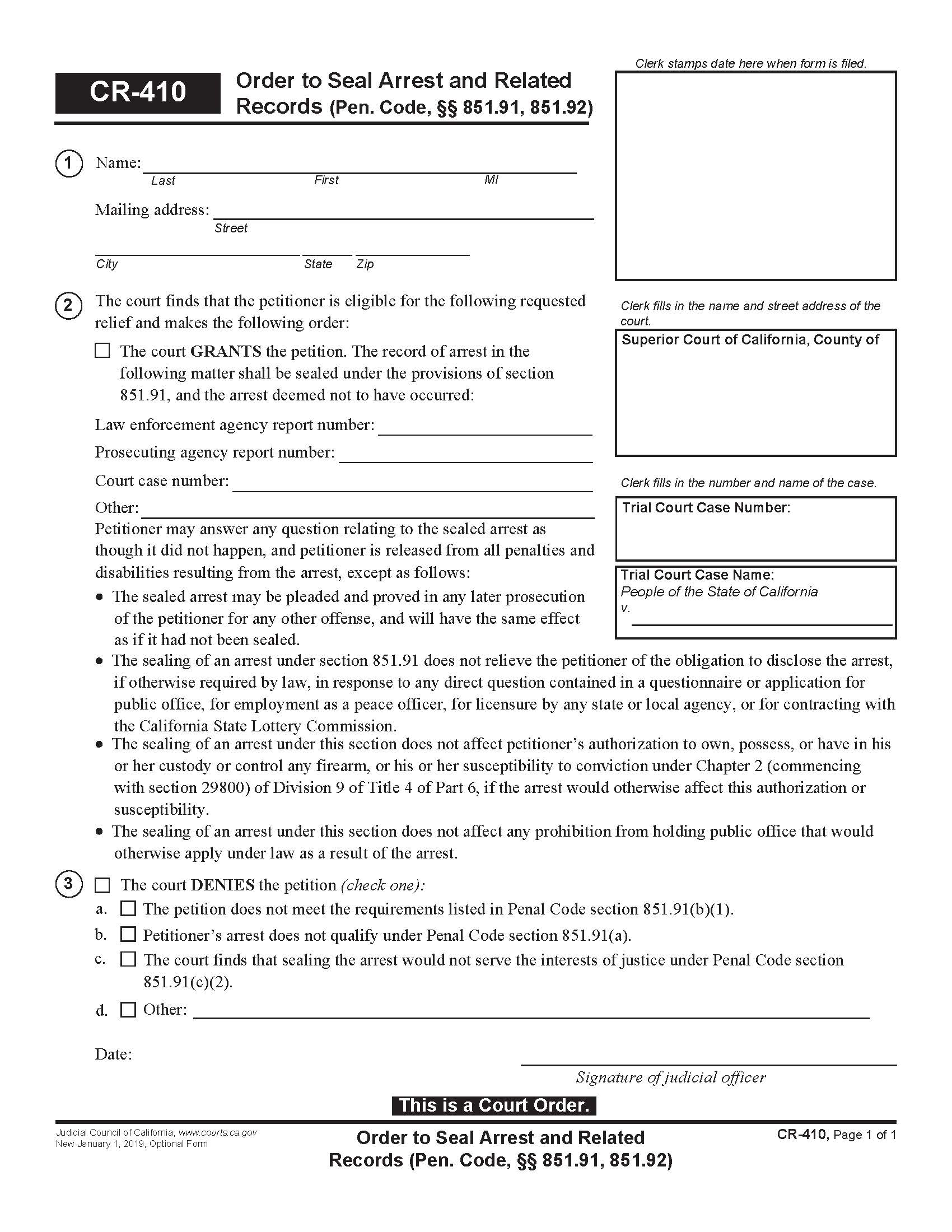 Order To Seal Arrest And Related Records {CR-410} | Pdf Fpdf Docx | California