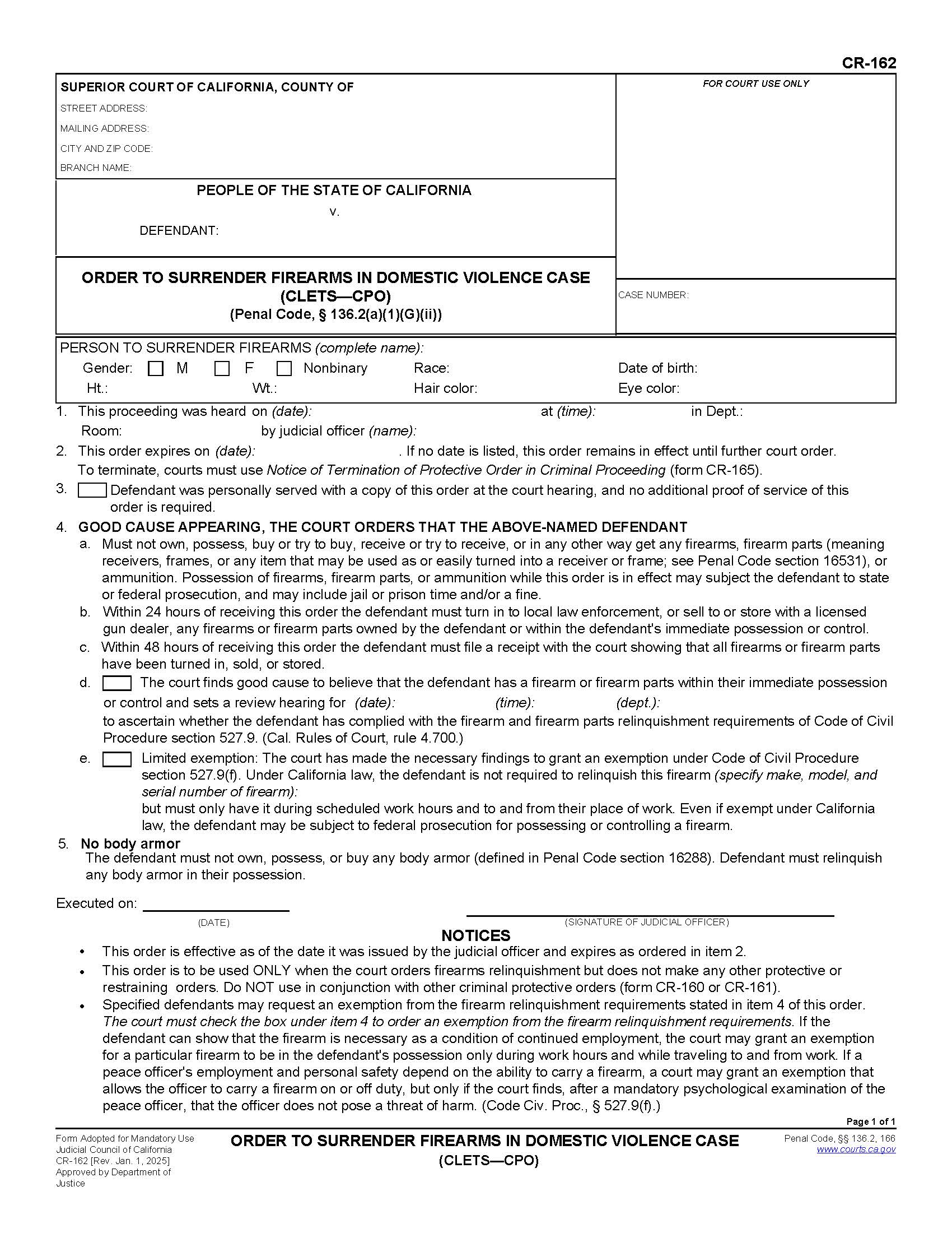 Order To Surrender Firearms In Domestic Violence Case (CLETS-CPO) {CR-162} | Pdf Fpdf Doc Docx | California