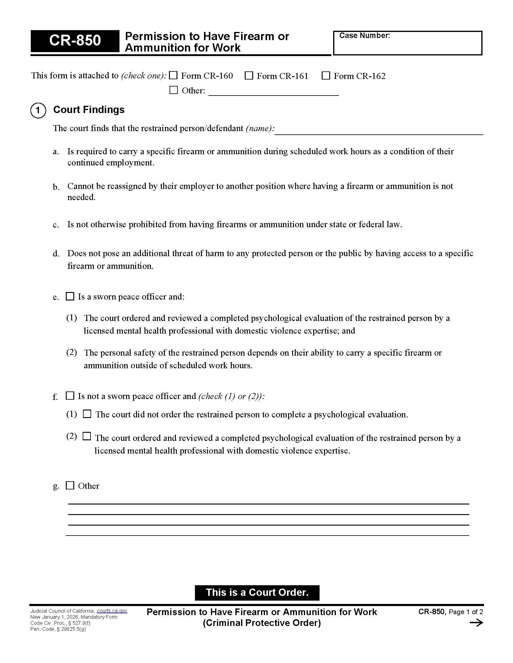 Permission To Have Firearm Or Ammunition For Work (Criminal Protective Order) {CR-850} | Pdf Fpdf Docx | California