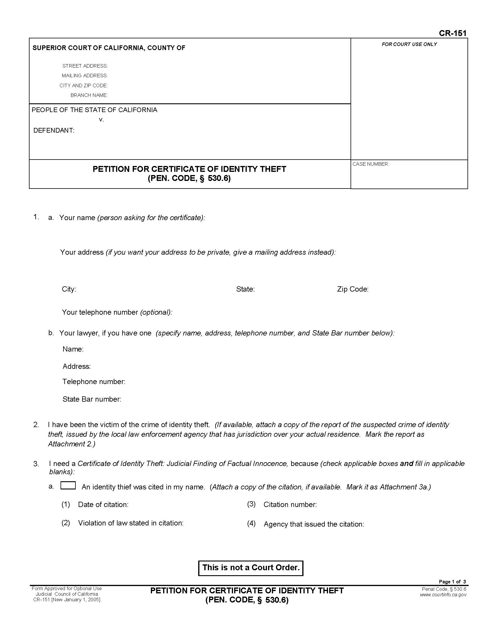 Petition For Certificate Of Identity Theft (Pen. Code 530.6) {CR-151} | Pdf Fpdf Doc Docx | California