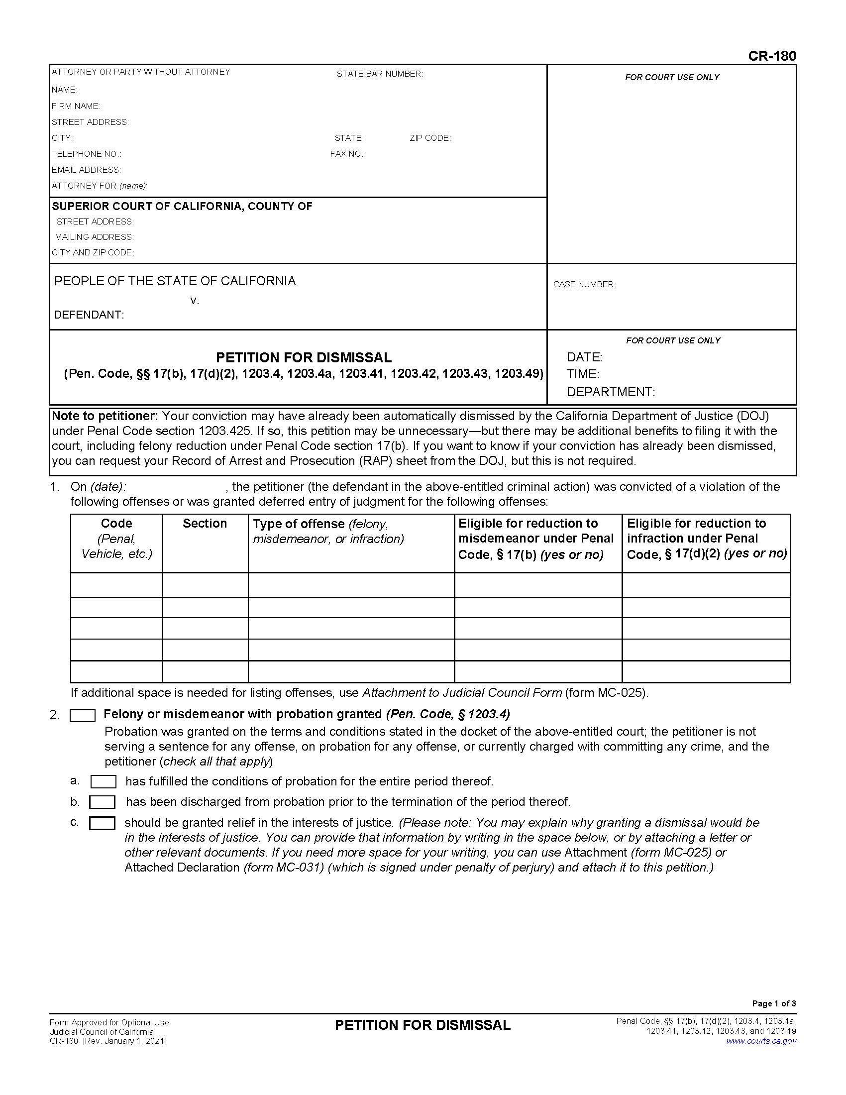 Petition For Dismissal {CR-180} | Pdf Fpdf Docx | California