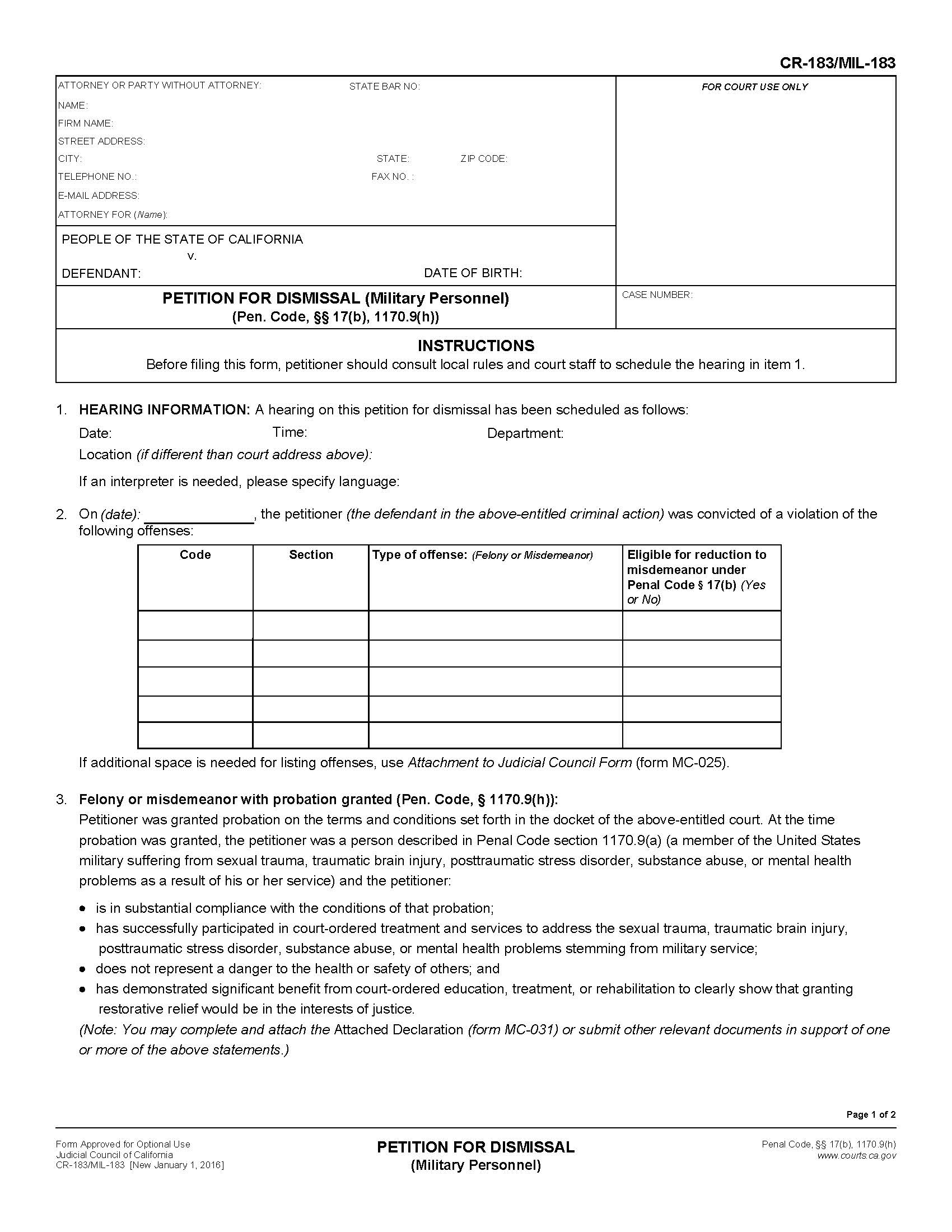 Petition For Dismissal (Military Personnel) {CR-183 MIL-183} | Pdf Fpdf Doc Docx | California