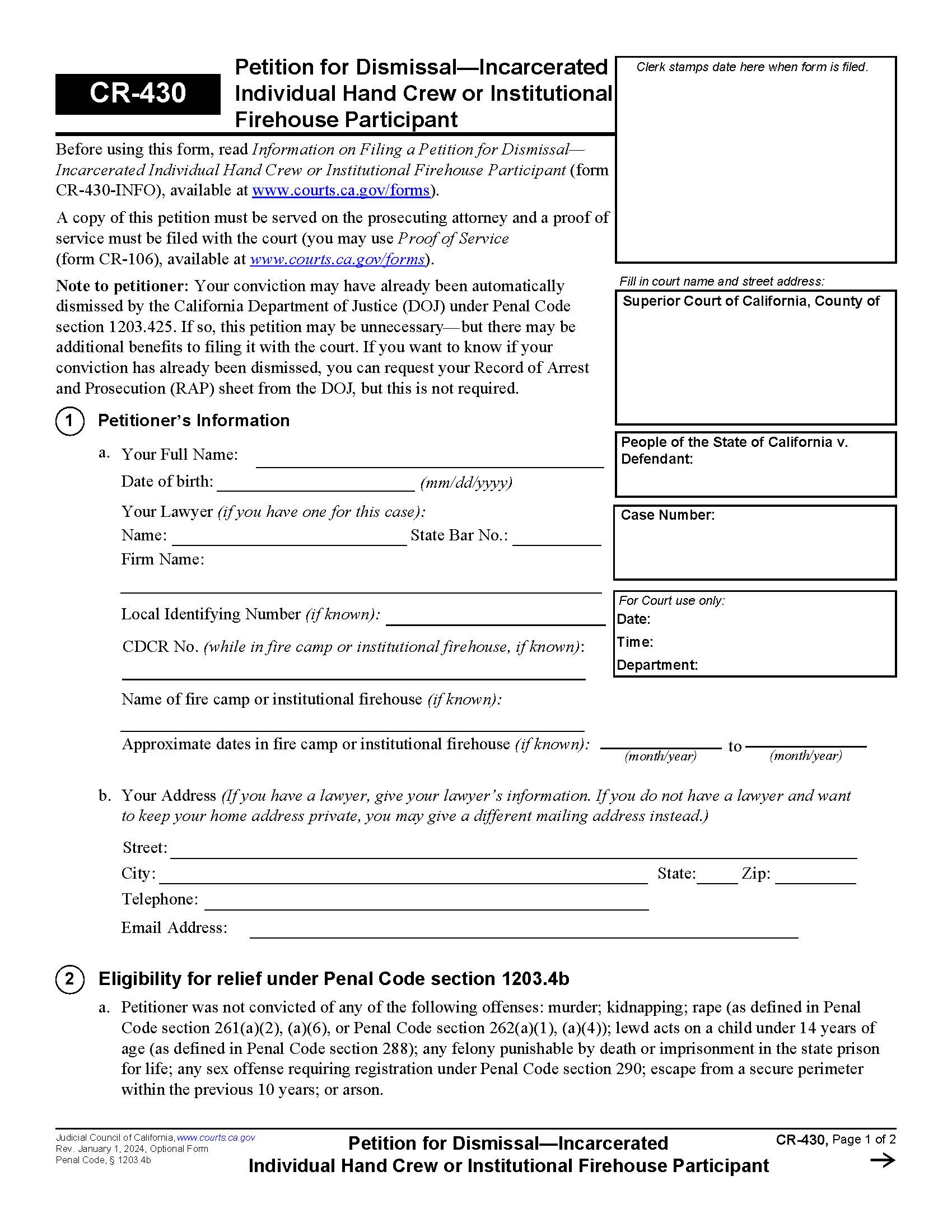 Petition For Dismissal-Incarcerated Individual Hand Crew (Pen. Code 1203.4b) {CR-430} | Pdf Fpdf Docx | California