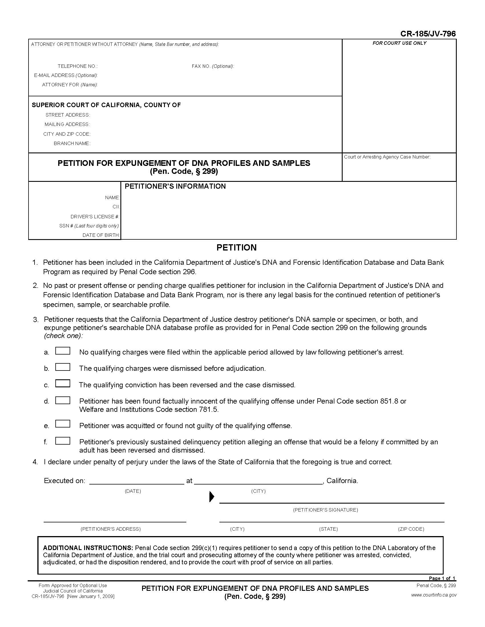 Petition For Expungement Of DNA Profiles And Samples (Pen. Code 299) {CR-185 JV-796} | Pdf Fpdf Doc Docx | California