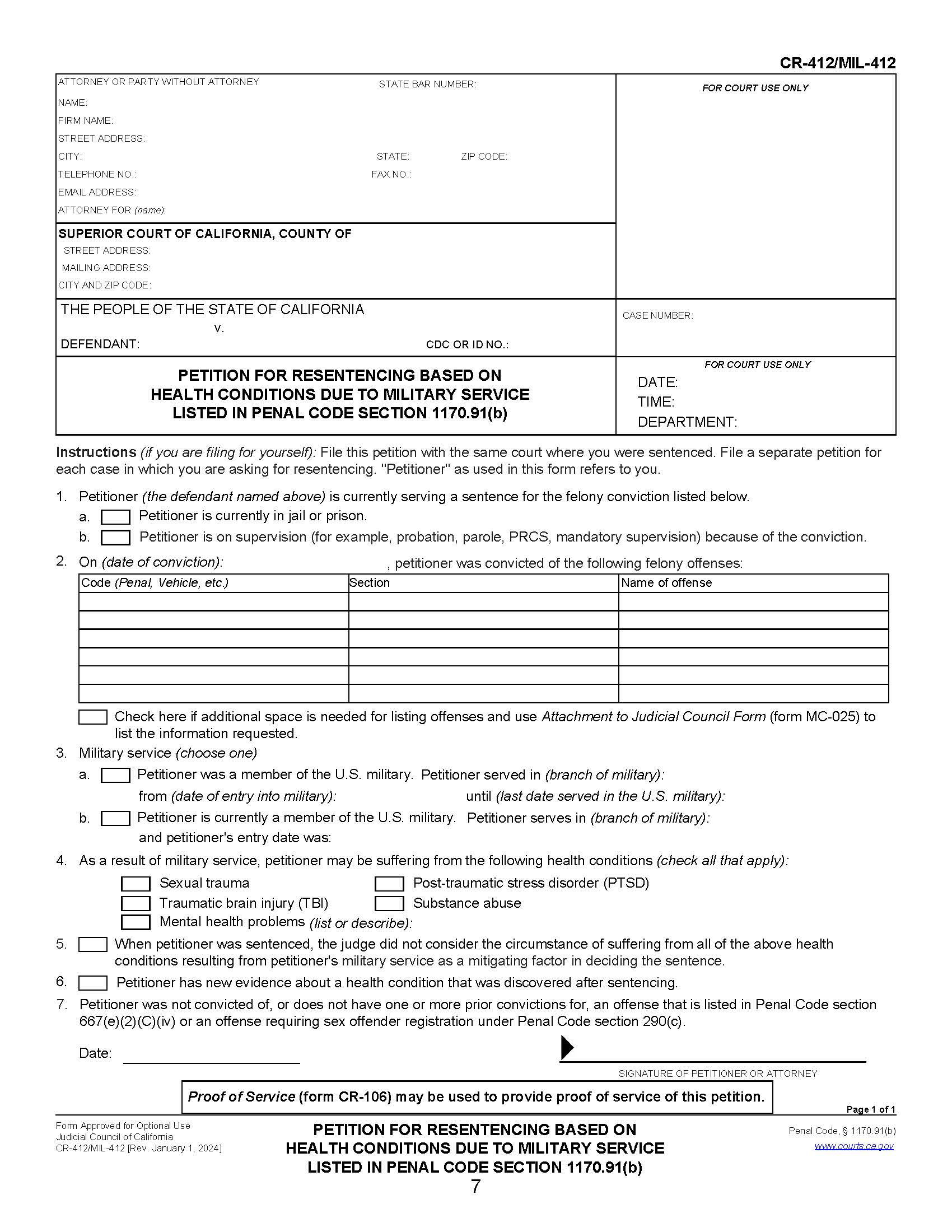 Petition For Resentencing Based On Health Conditions Due To Military Service {CR-412 MIL-412} | Pdf Fpdf Docx | California