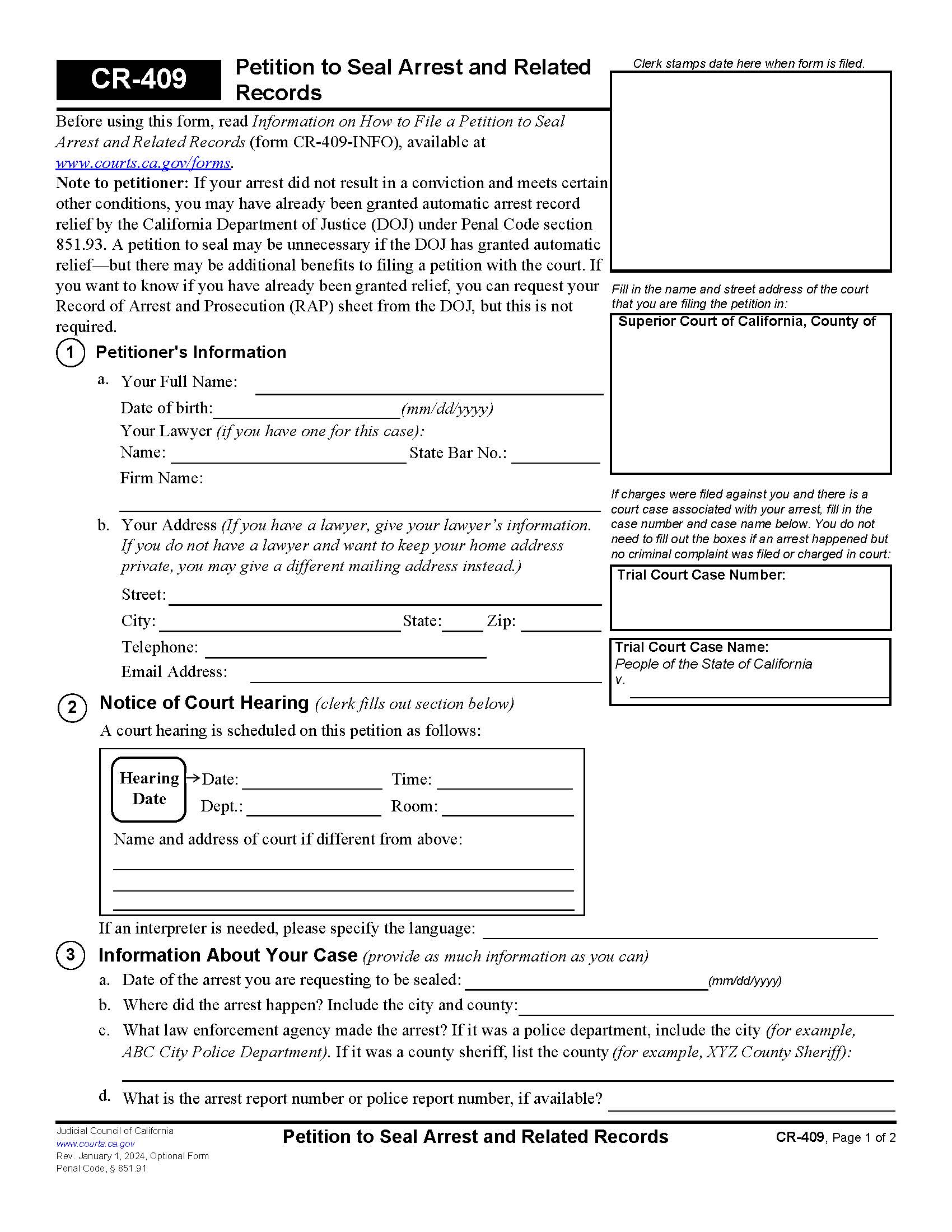 Petition To Seal Arrest And Related Records {CR-409} | Pdf Fpdf Docx | California