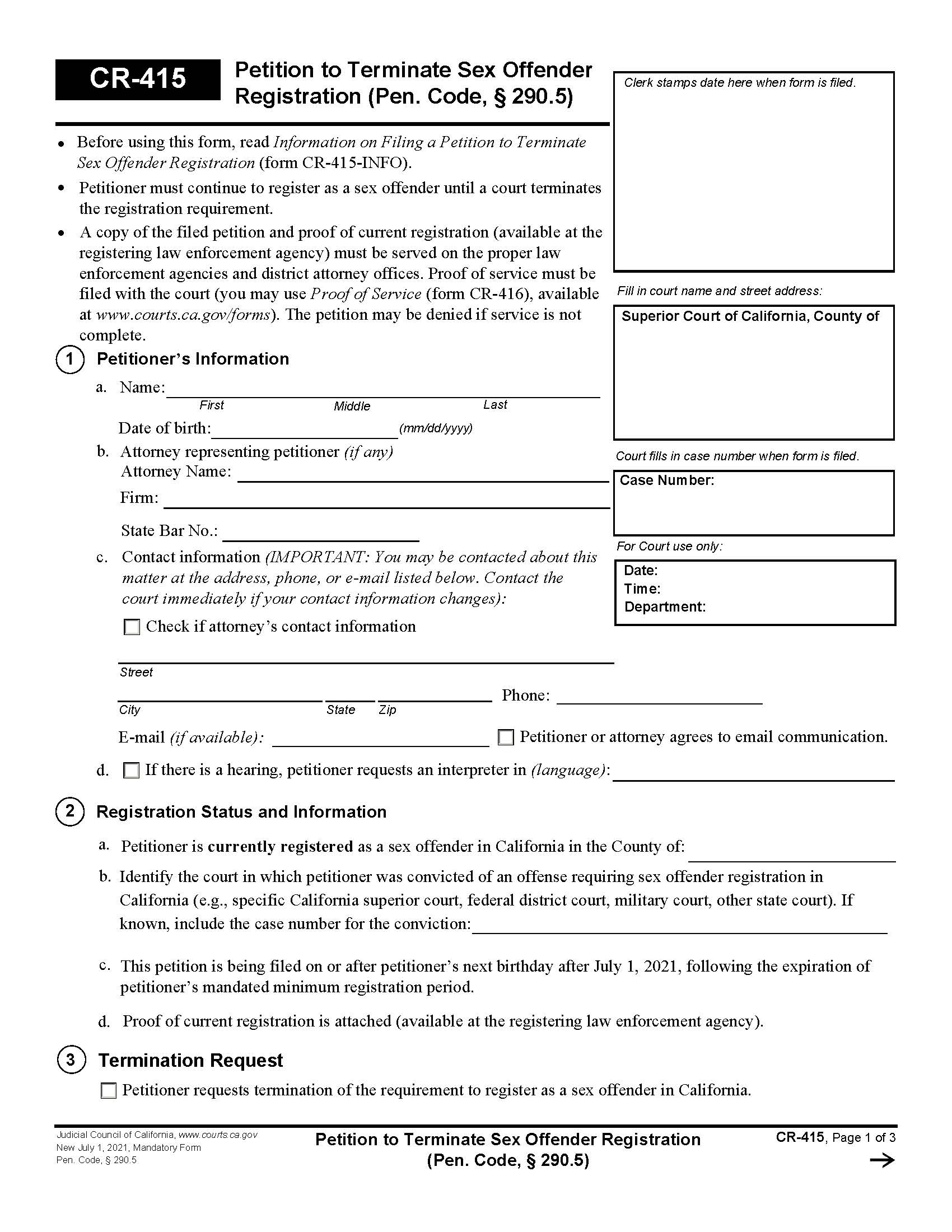 Petition To Terminate Sex Offender Registration {CR-415} | Pdf Fpdf Docx | California