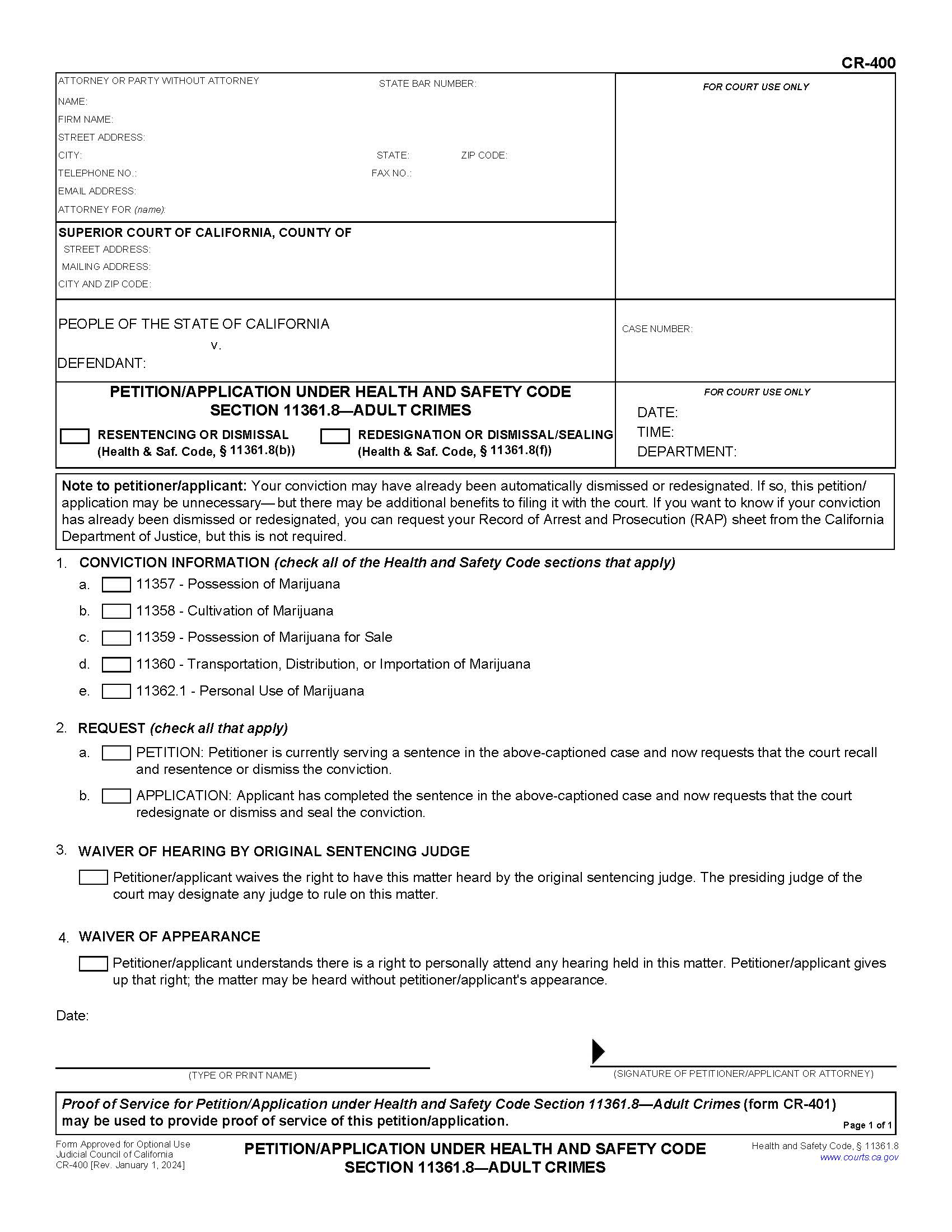 Petition-Application (Health And Safety Code 11361.8) Adult Crime(s) {CR-400} | Pdf Fpdf Doc Docx | California