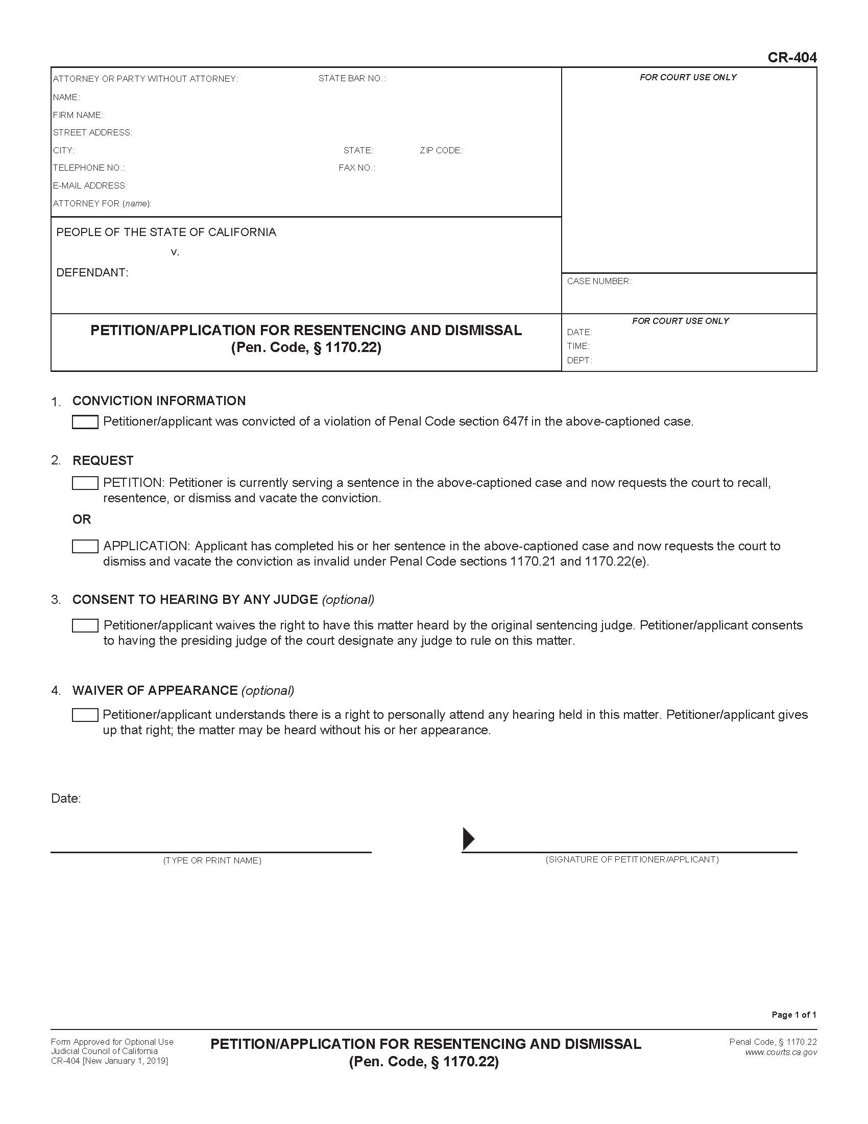 Petition-Application For Resentencing And Dismissal {CR-404} | Pdf Fpdf Docx | California
