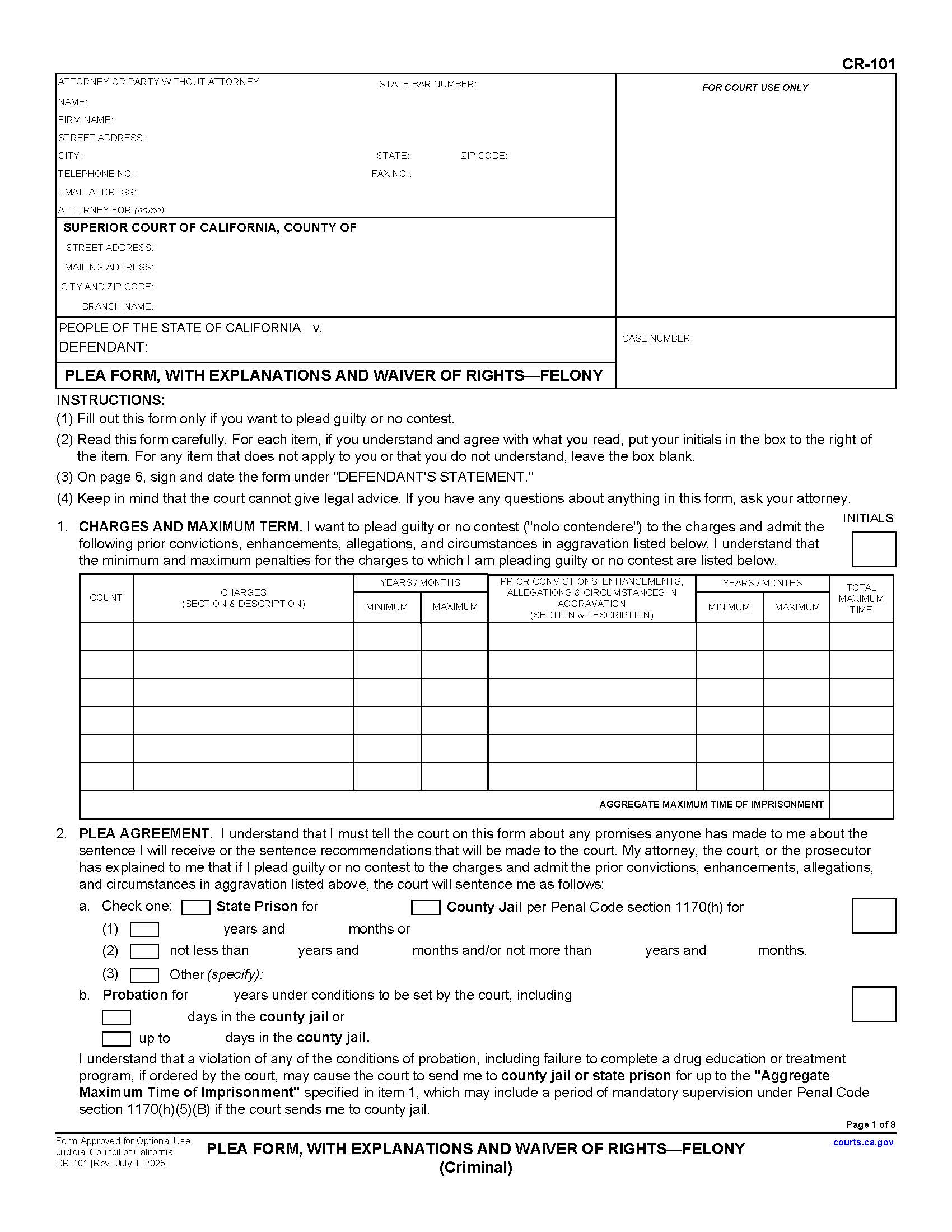 Plea Form With Explanations And Waiver Of Rights-Felony {CR-101} | Pdf Fpdf Docx | California