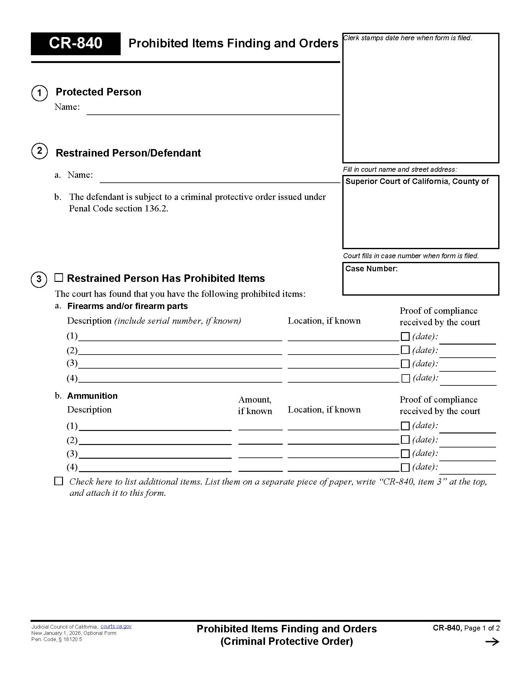 Prohibited Items Finding And Orders (Criminal Protective Order) {CR-840} | Pdf Fpdf Docx | California
