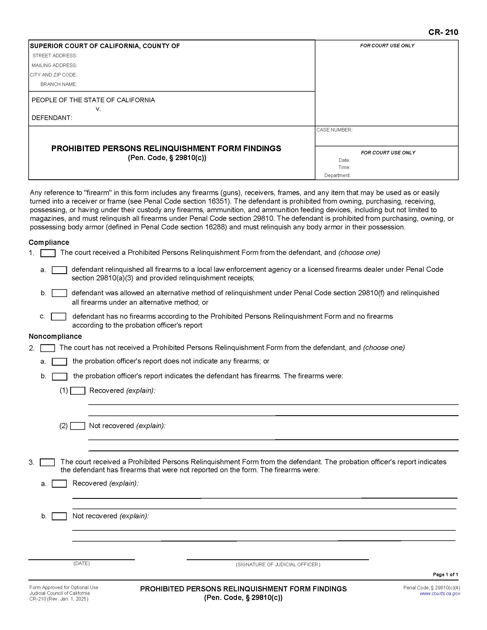 Prohibited Persons Relinquishment Form Findings {CR-210} | Pdf Fpdf Docx | California