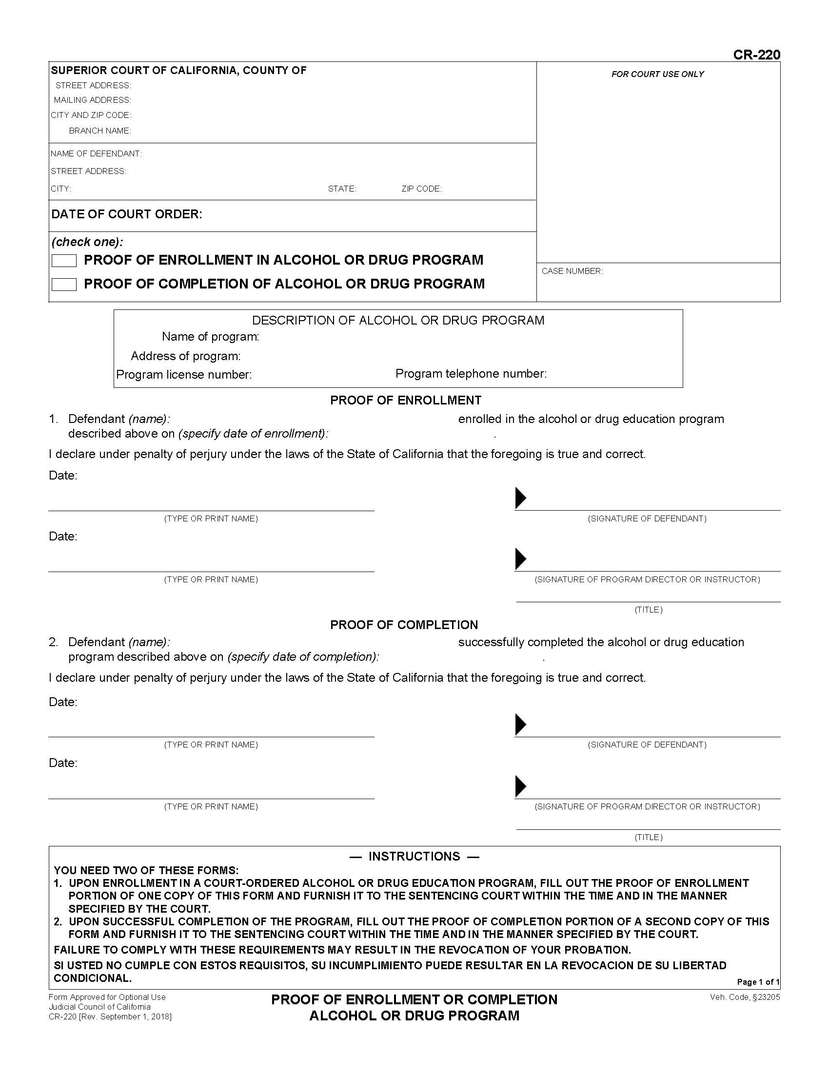 Proof Of Enrollment Of Completion (Alcohol Or Drug Program) {CR-220} | Pdf Fpdf Docx | California