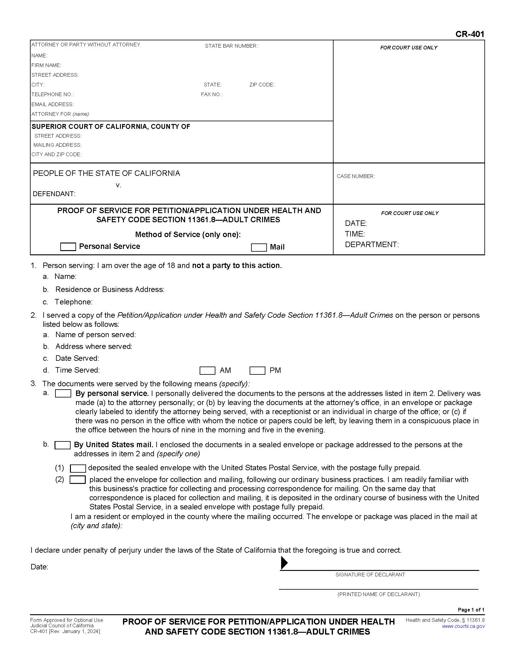 Proof Of Service For Petition-Application (Health And Safety Code 11361.8) Adult Crime(s) {CR-401} | Pdf Fpdf Doc Docx | California