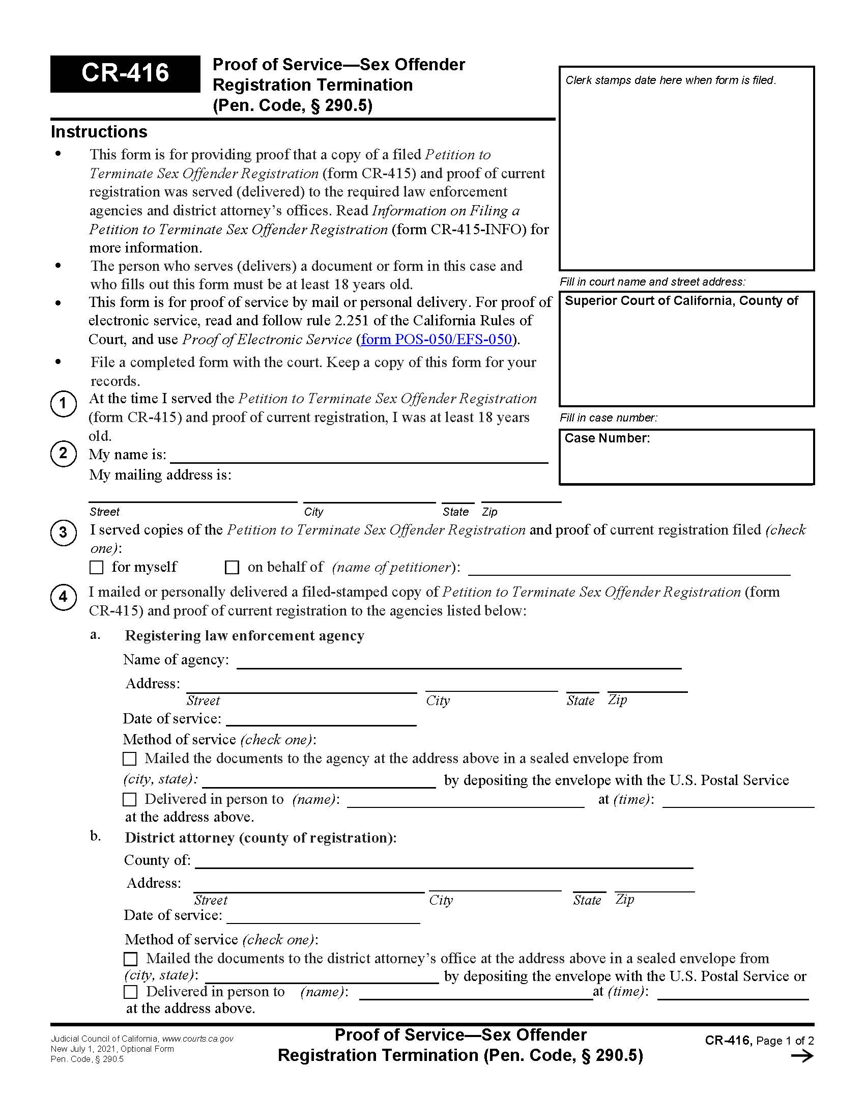 Proof Of Service-Sex Offender Registration Termination {CR-416} | Pdf Fpdf Docx | California