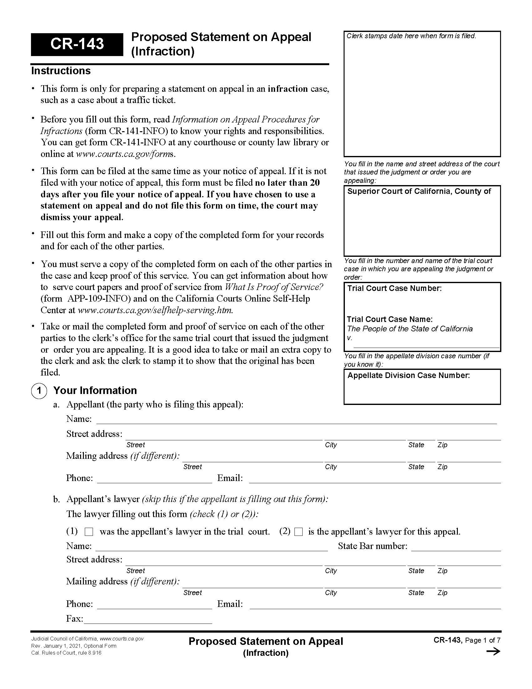 Proposed Statement On Appeal (Infraction) {CR-143} | Pdf Fpdf Doc Docx | California