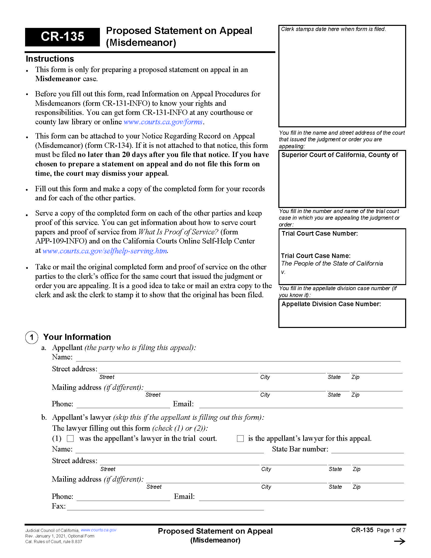Proposed Statement On Appeal (Misdemeanor) {CR-135} | Pdf Fpdf Doc Docx | California