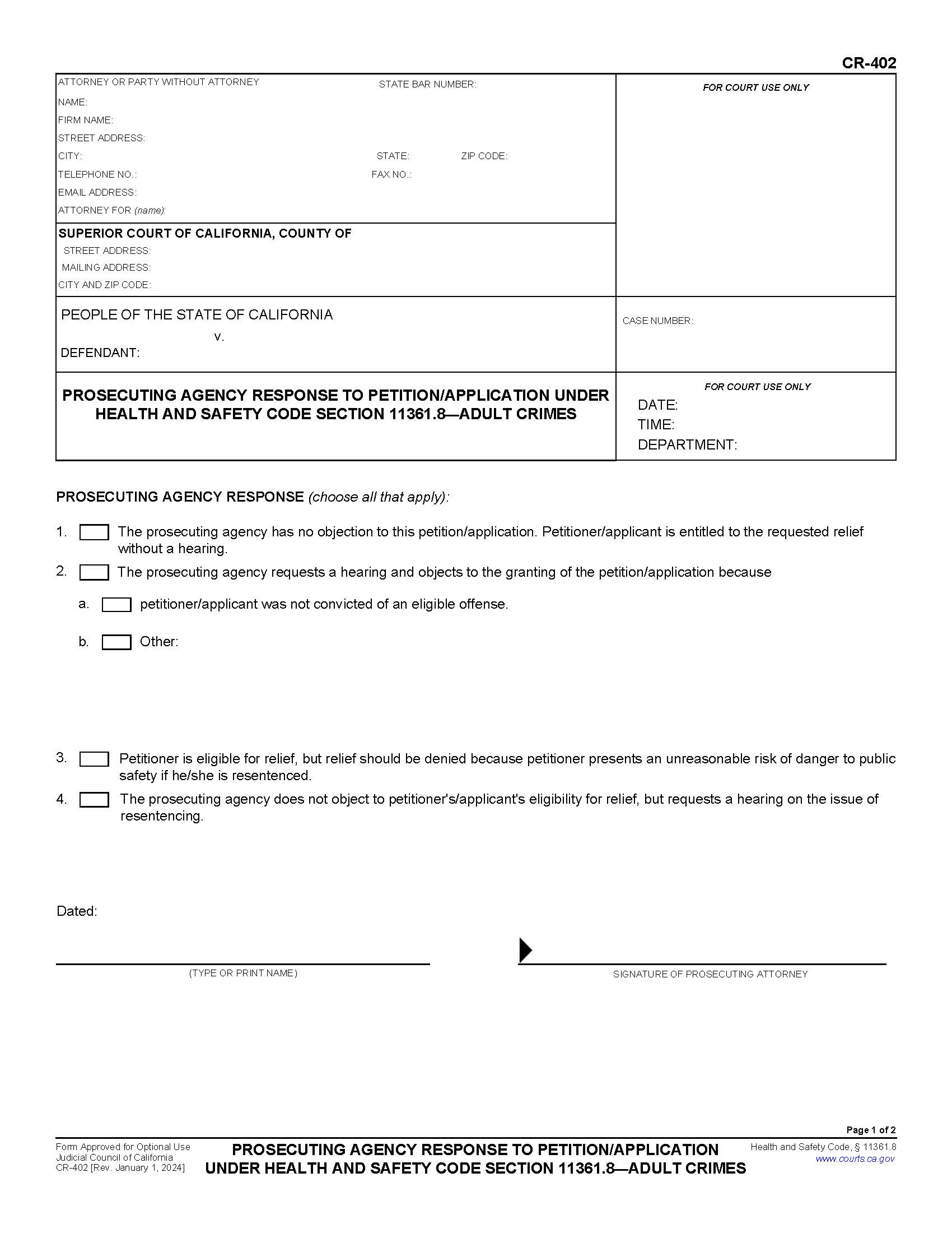 Prosecuting Agencys Response To Petition-Application {CR-402} | Pdf Fpdf Docx | California