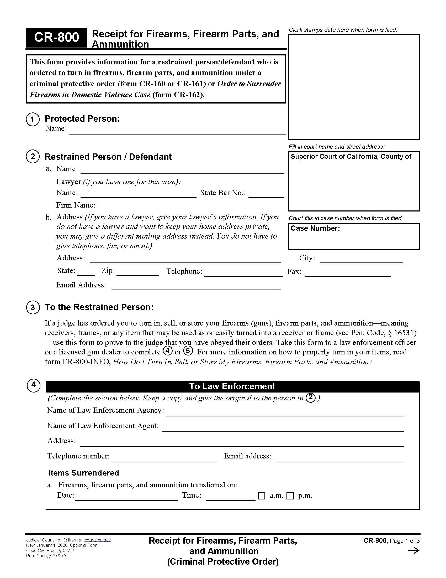 Receipt For Firearms Firearm Parts And Ammunition (Criminal Protective Order) {CR-800} | Pdf Fpdf Docx | California