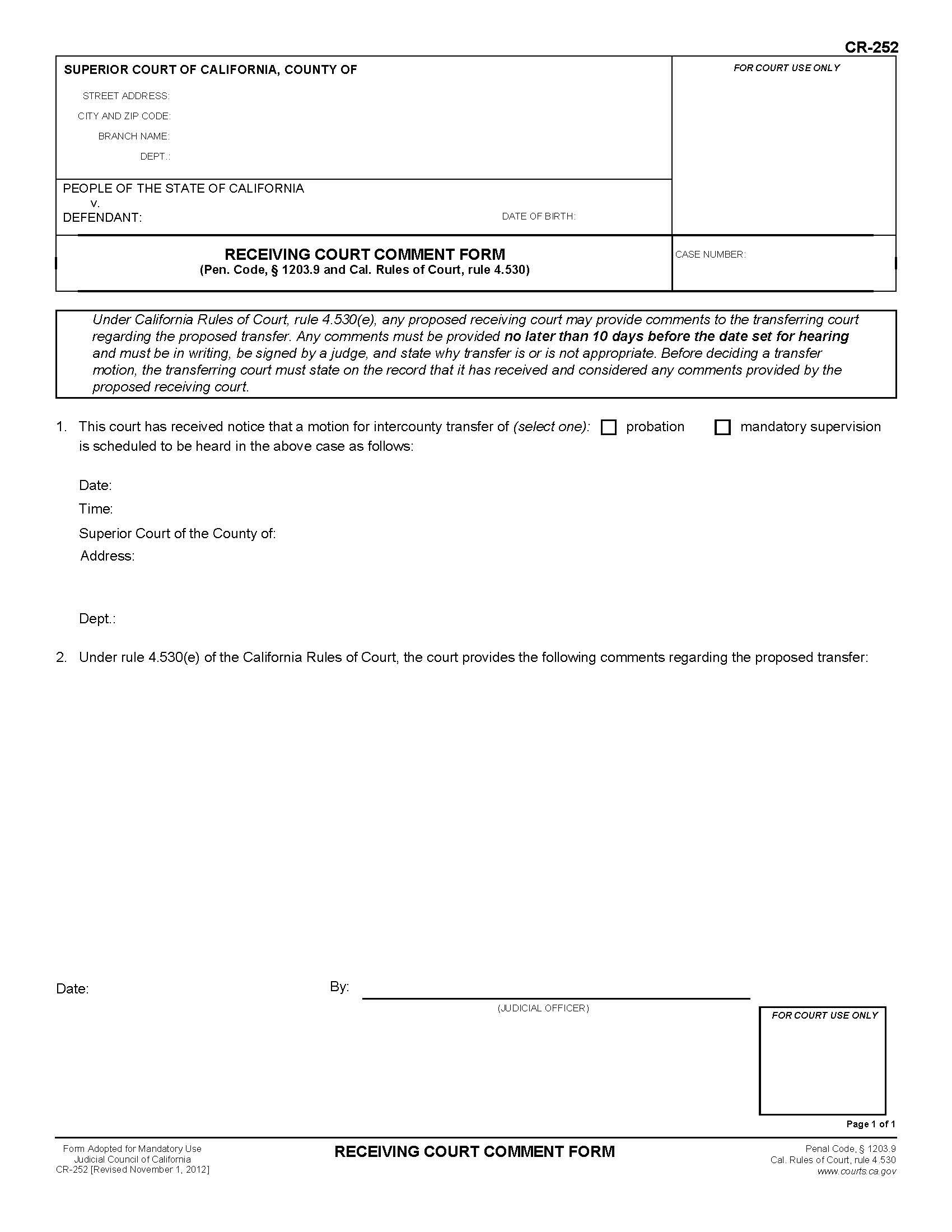 Receiving Court Comment Form {CR-252} | Pdf Fpdf Doc Docx | California
