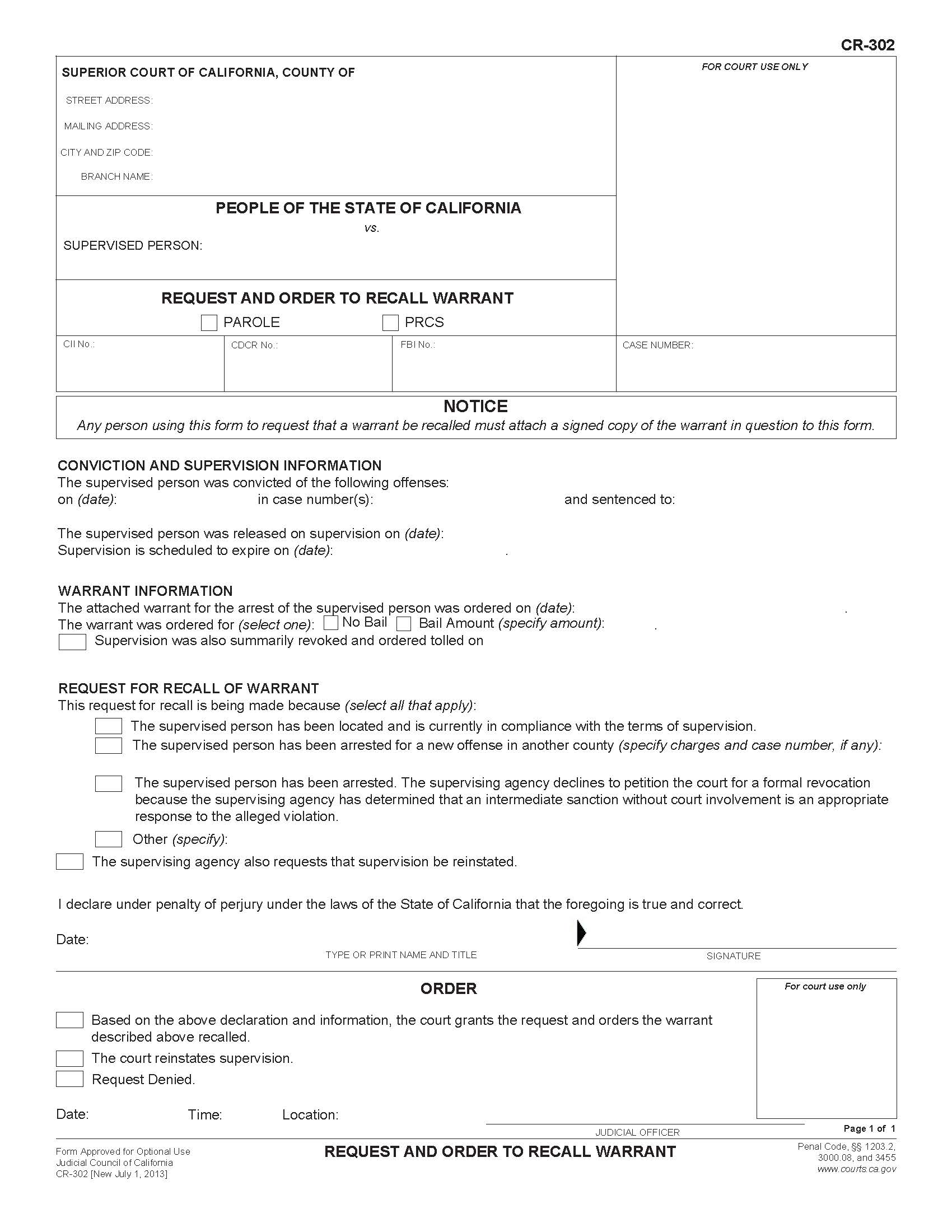 Request And Order To Recall Warrant {CR-302} | Pdf Fpdf Doc Docx | California