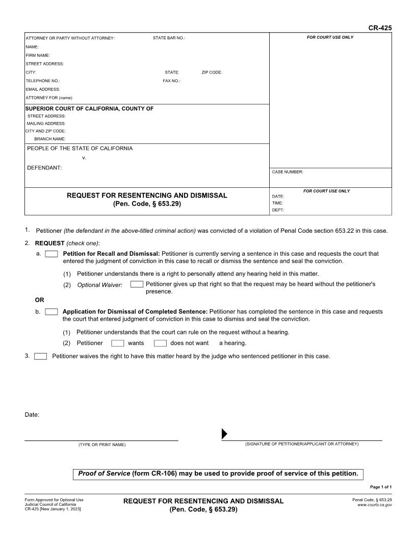 Request For Resentencing And Dismissal (Pen. Code 653.29) {CR-425} | Pdf Fpdf Docx | California
