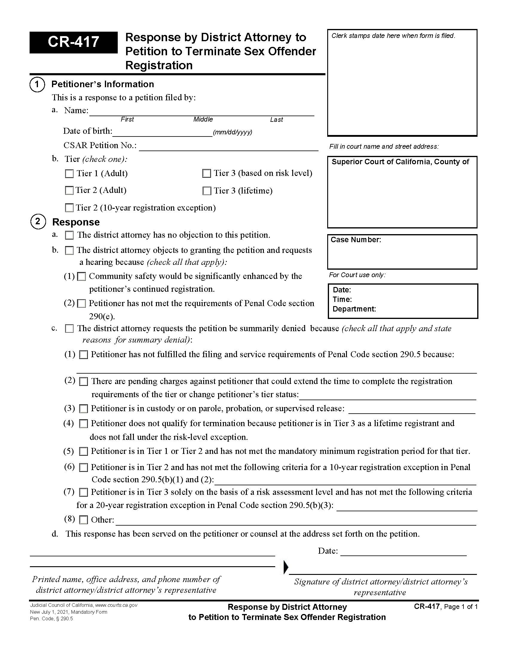 Response By District Attorney To Petition To Terminate Sex Offender Registration {CR-417} | Pdf Fpdf Docx | California
