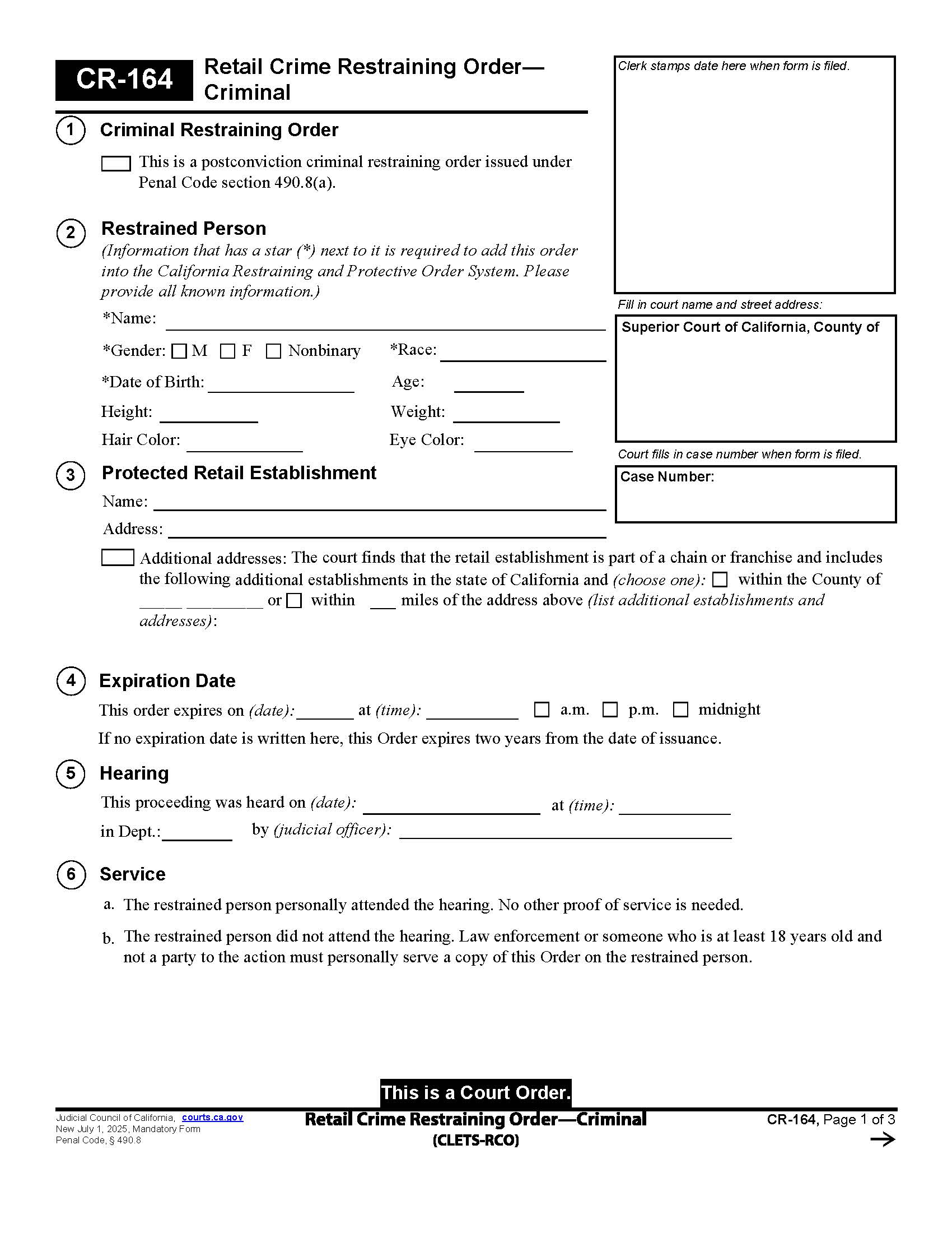Retail Crime Restraining Order-Criminal (CLETS-RCO) {CR-164} | Pdf Fpdf Docx | California
