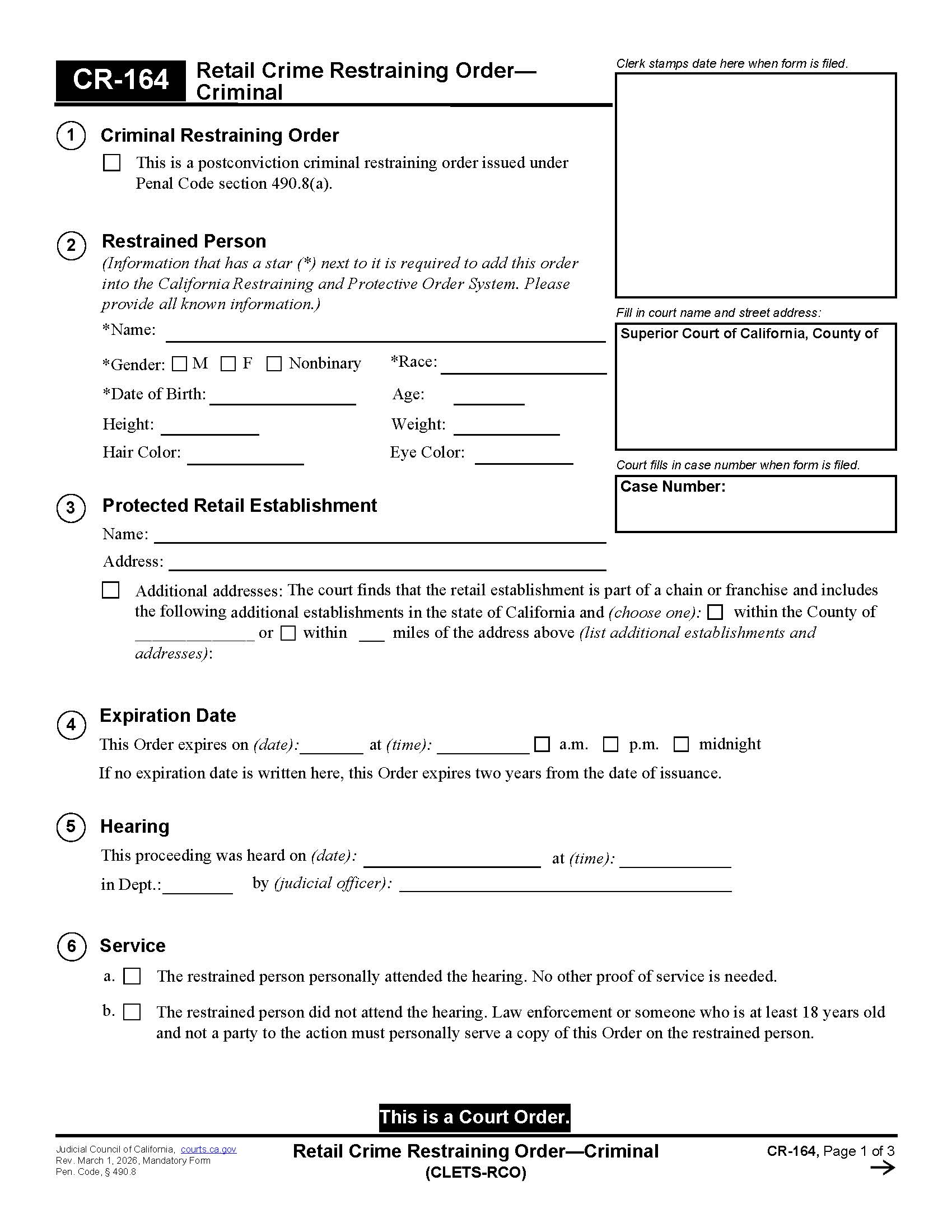 Retail Crime Restraining Order-Criminal (CLETS-RCO) {CR-164} | Pdf Fpdf Docx | California