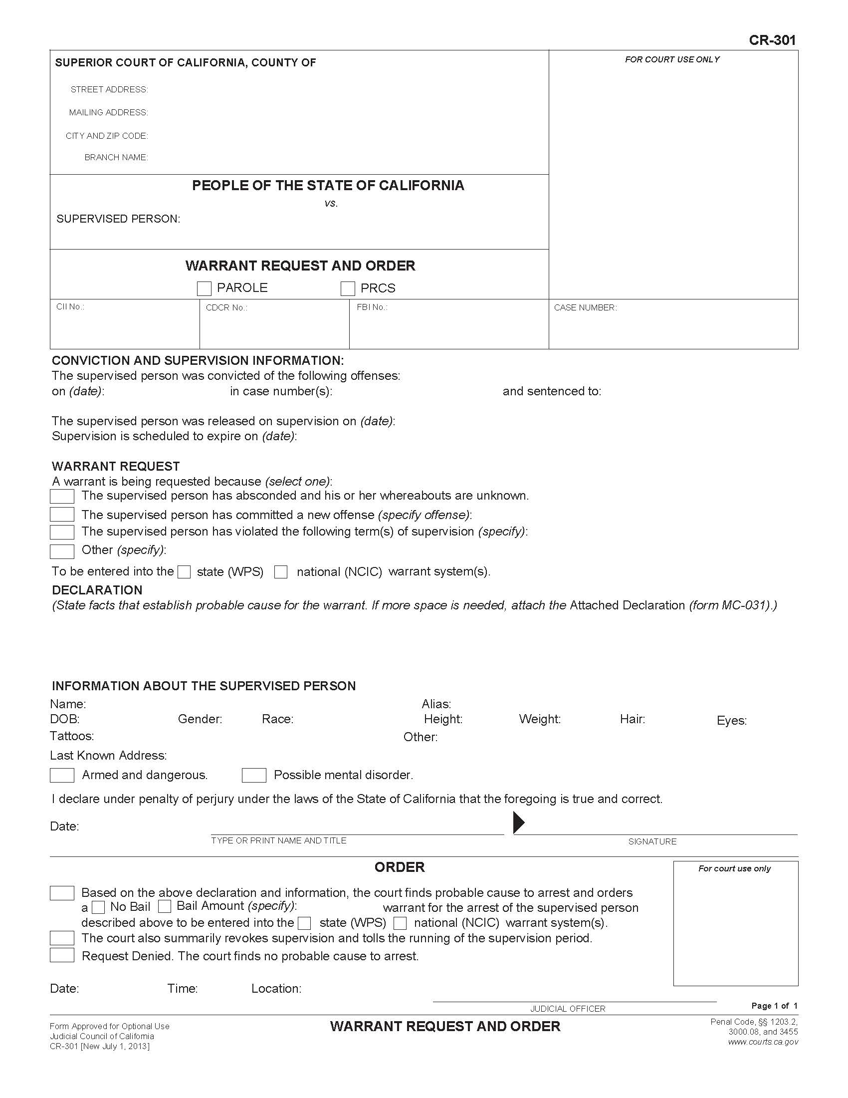 Warrant Request And Order {CR-301} | Pdf Fpdf Doc Docx | California