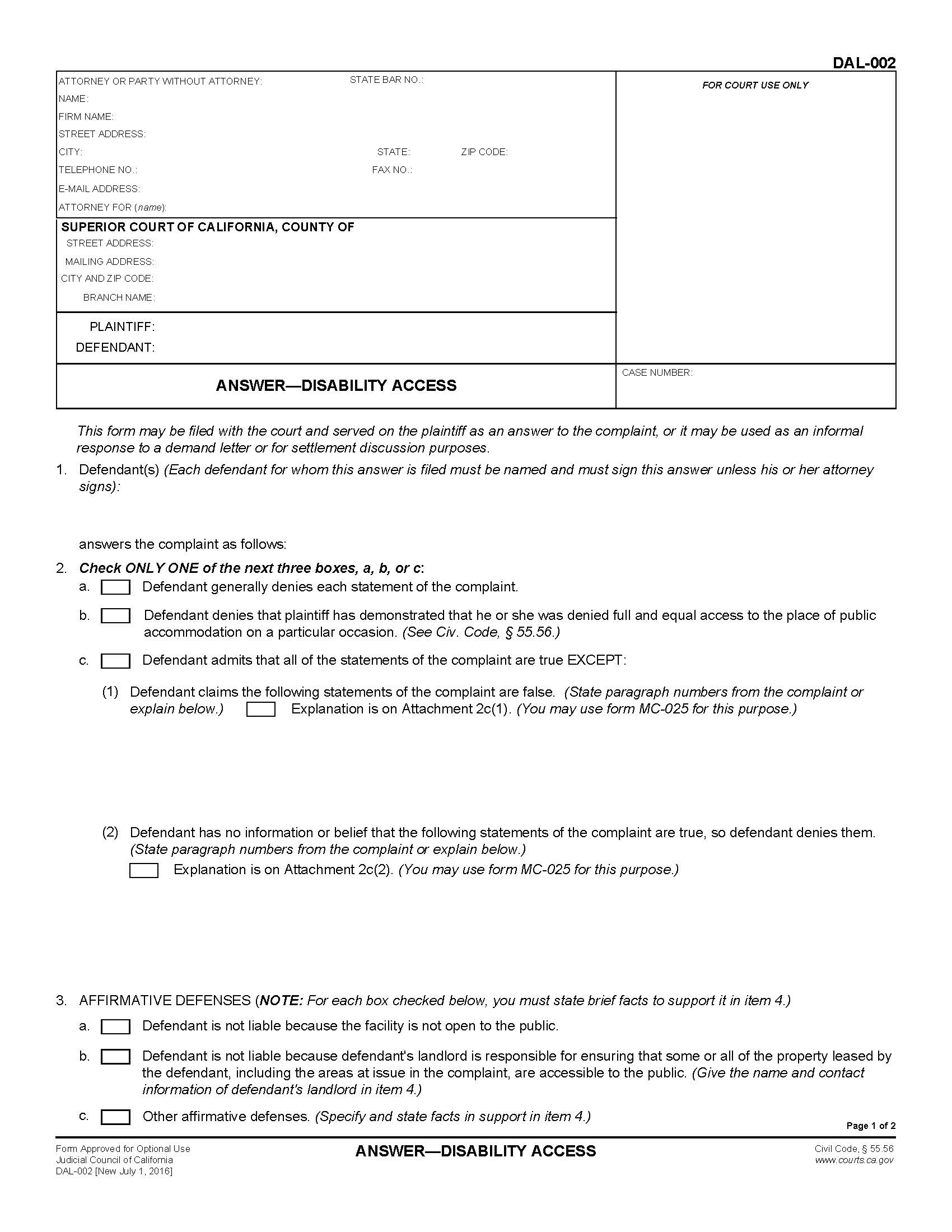 Answer Disability Access {DAL-002} | Pdf Fpdf Doc Docx | California