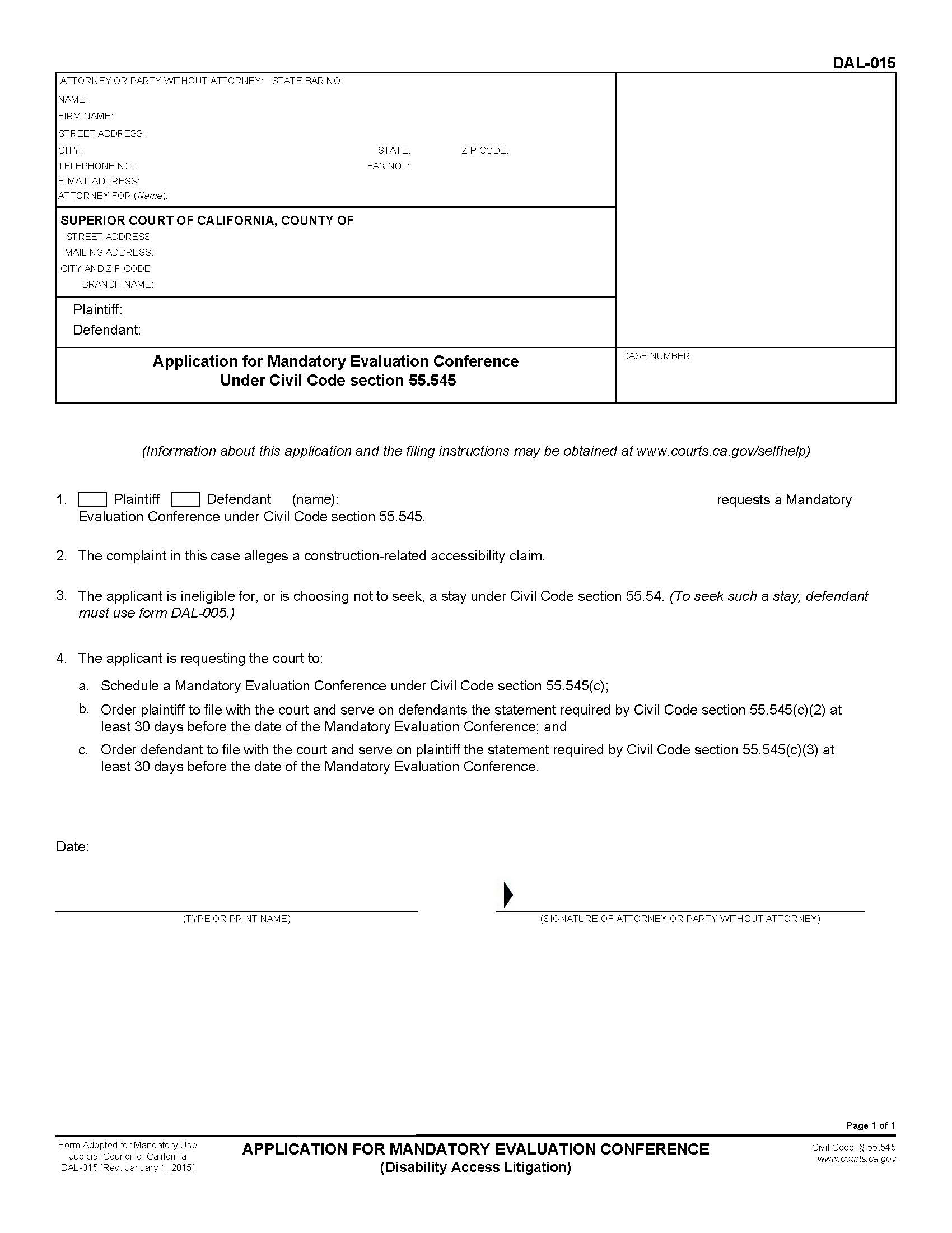 Application For Mandatory Evaluation Conference Under Code Of Civil Procedure Section 55.545 {DAL-015} | Pdf Fpdf Doc Docx | California