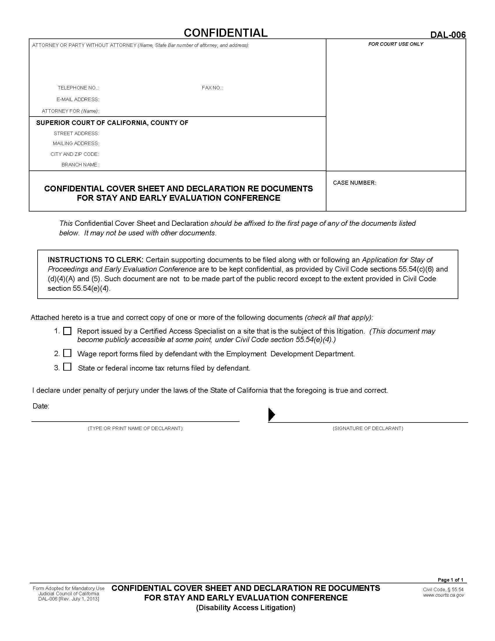 Confidential Cover Sheet And Declaration Re Documents For Stay {DAL-006} | Pdf Fpdf Doc Docx | California
