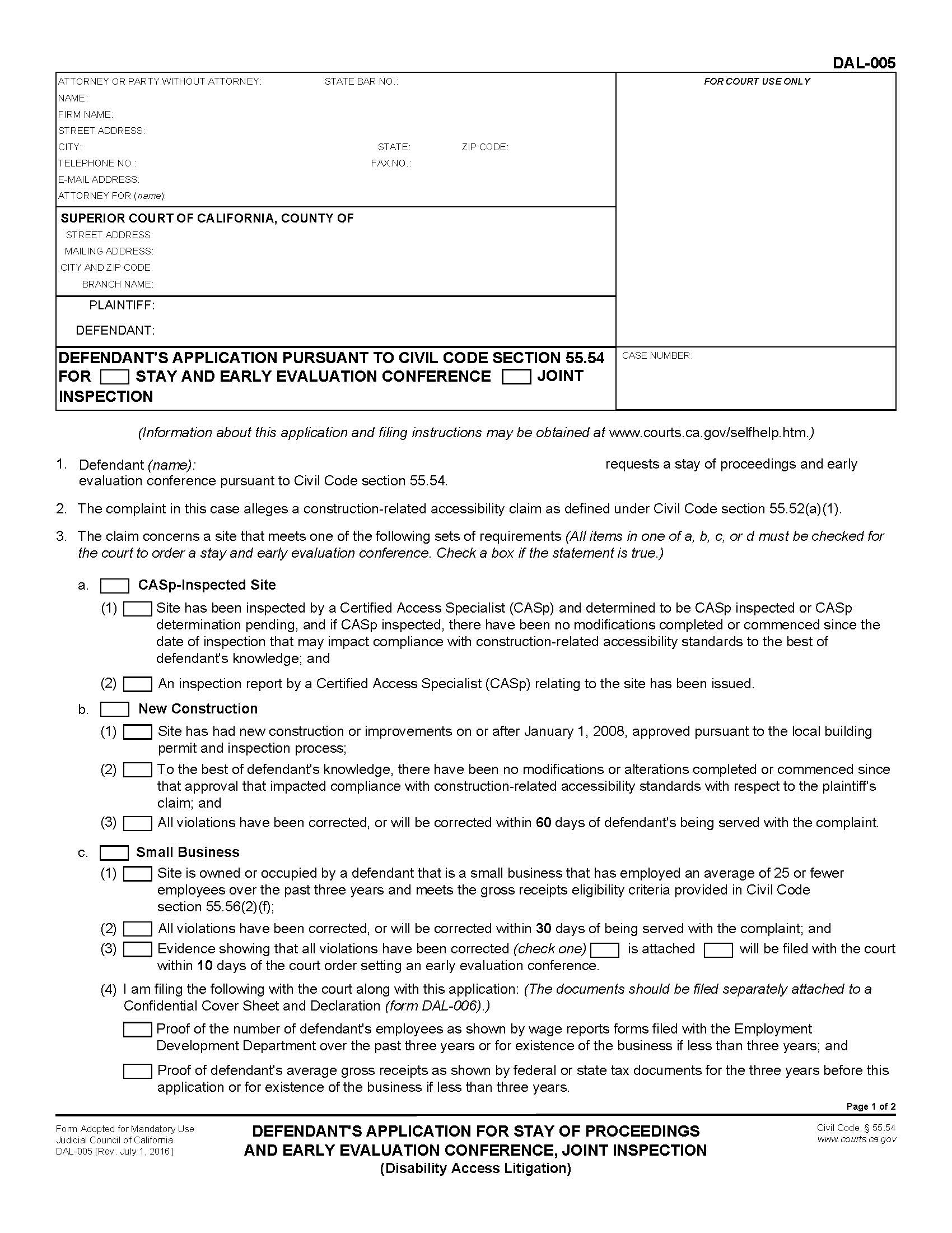 Defendants Application For Stay Of Proceedings And Early Evaluation Conference {DAL-005} | Pdf Fpdf Doc Docx | California