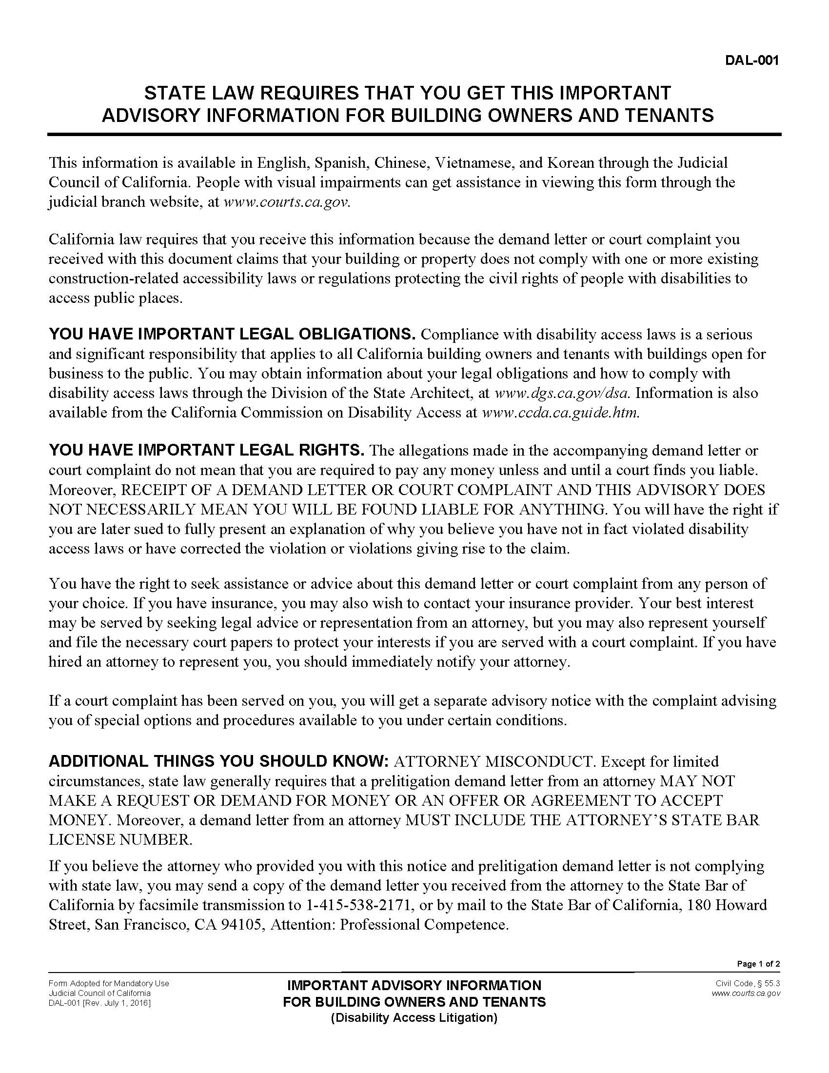 Important Information For Building Owners And Tenants {DAL-001} | Pdf Fpdf Doc Docx | California