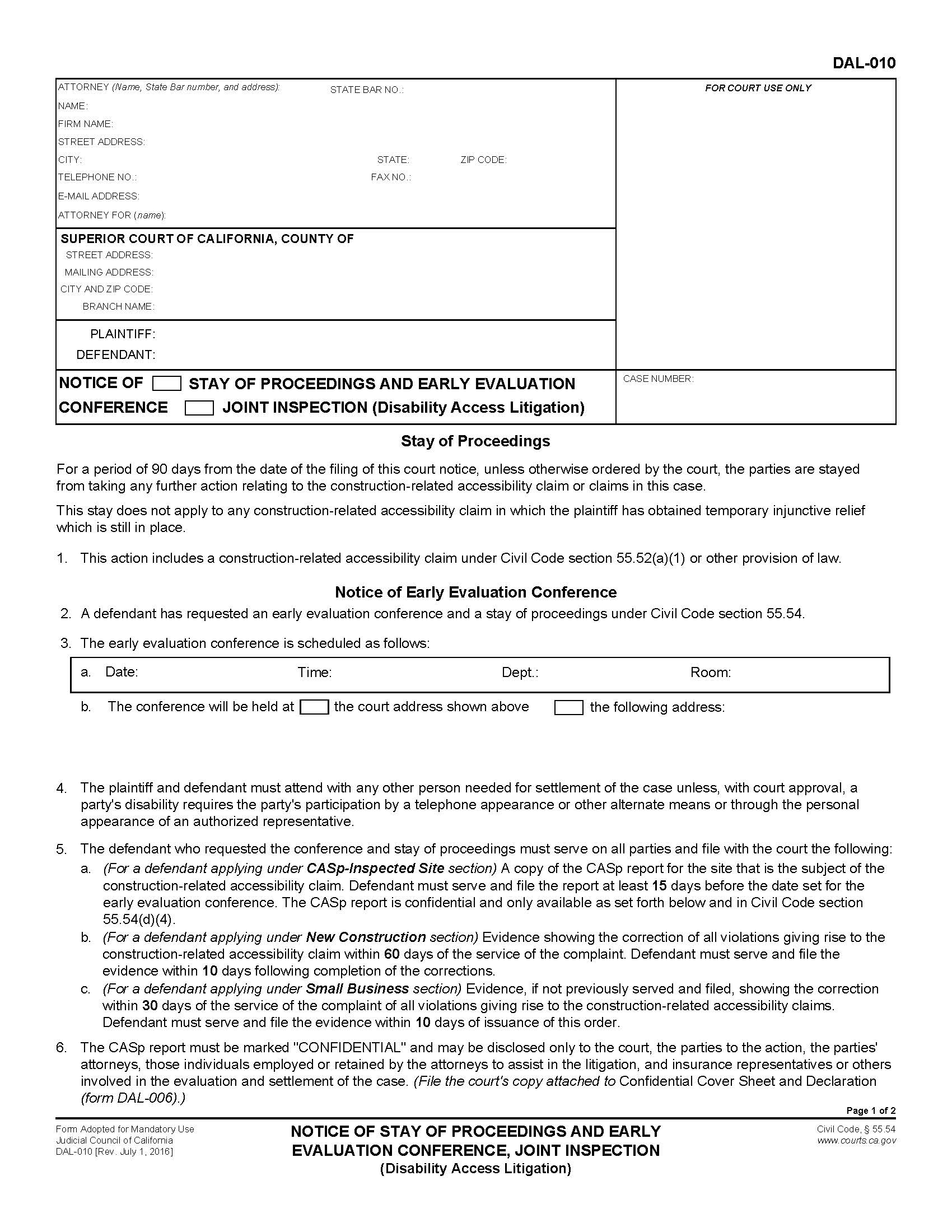 Notice Of Stay Of Proceedings And Early Evaluation Conference {DAL-010} | Pdf Fpdf Doc Docx | California