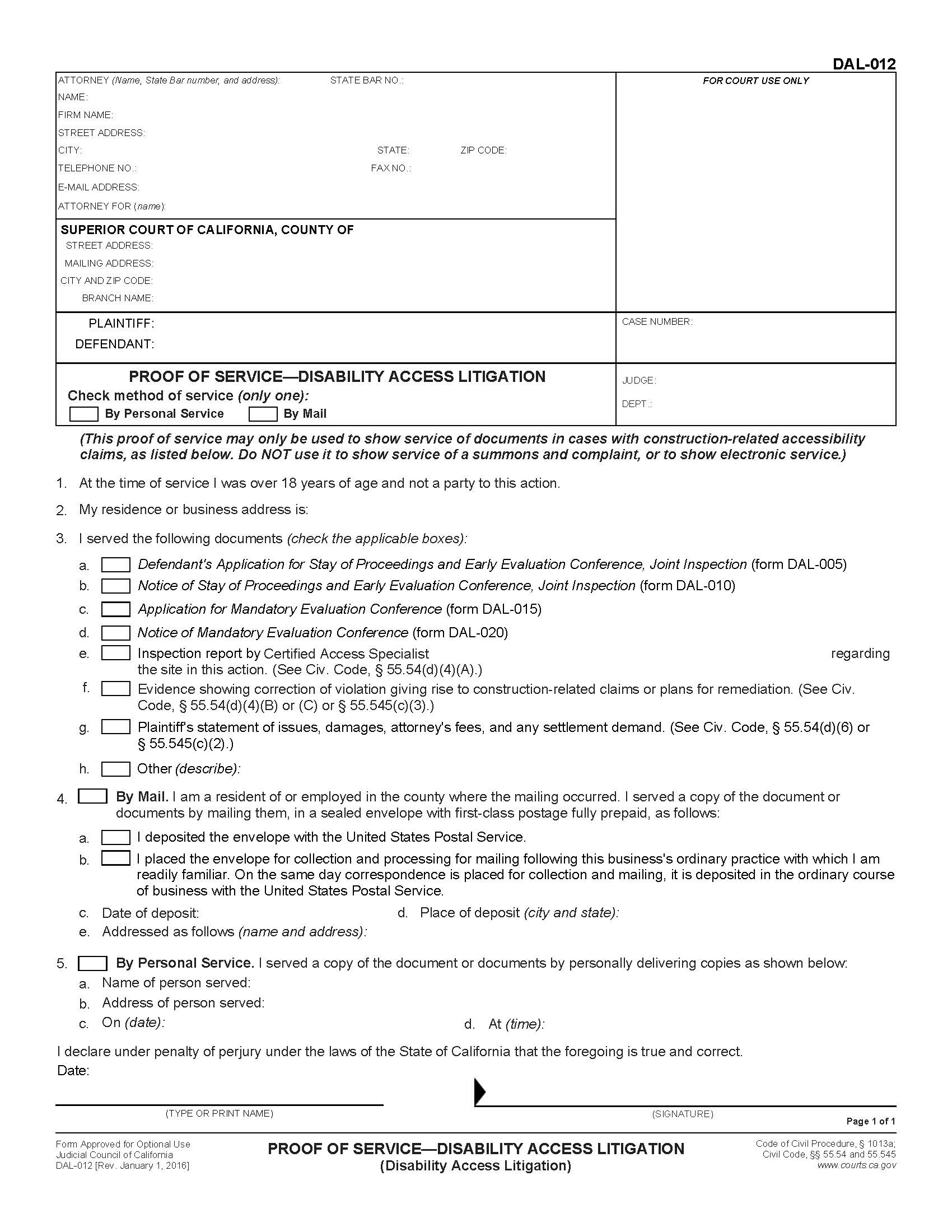 Proof Of Service-Disability Access Litigation {DAL-012} | Pdf Fpdf Doc Docx | California