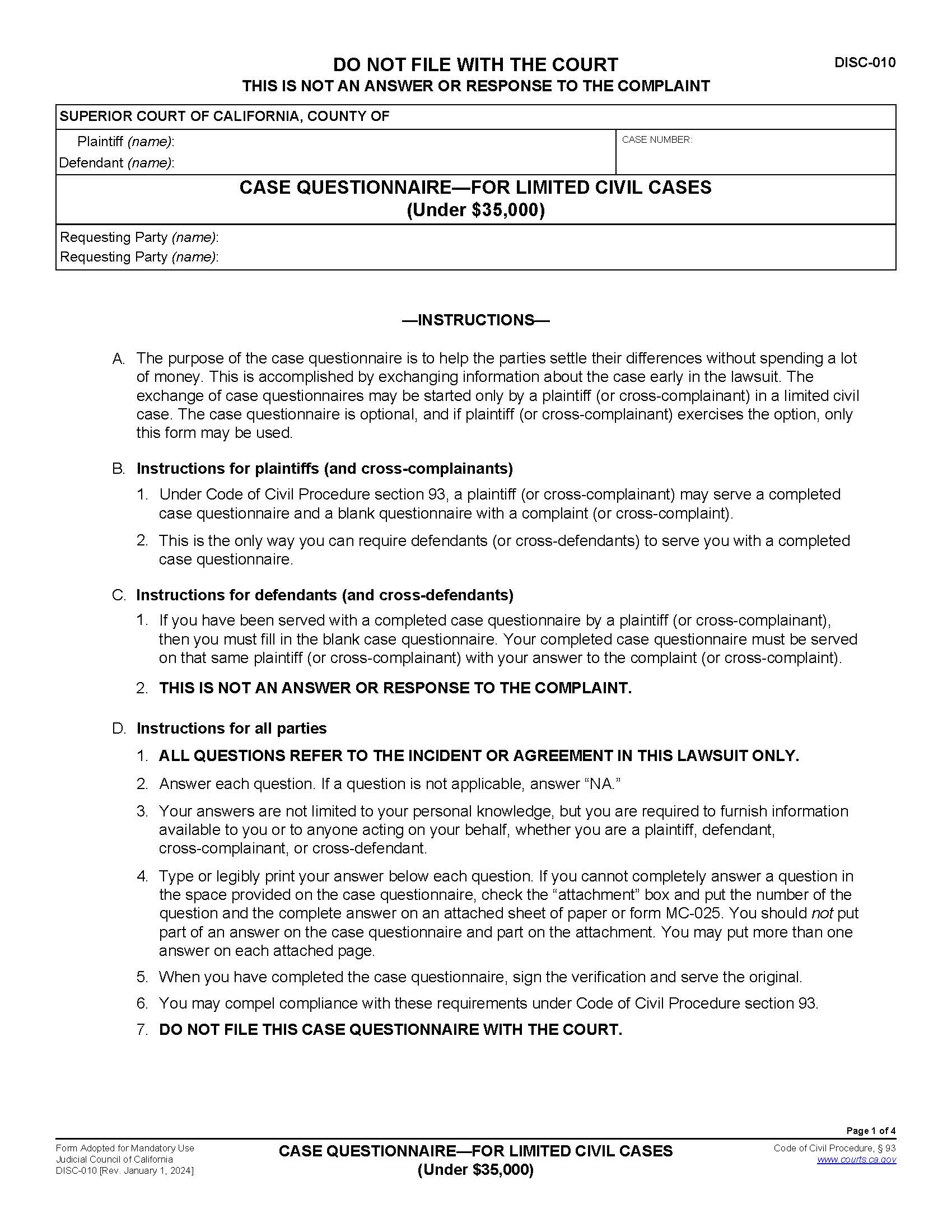 Case Questionnaire - For Limited Civil Cases (Under $25,000) {DISC-010} | Pdf Fpdf Doc Docx | California