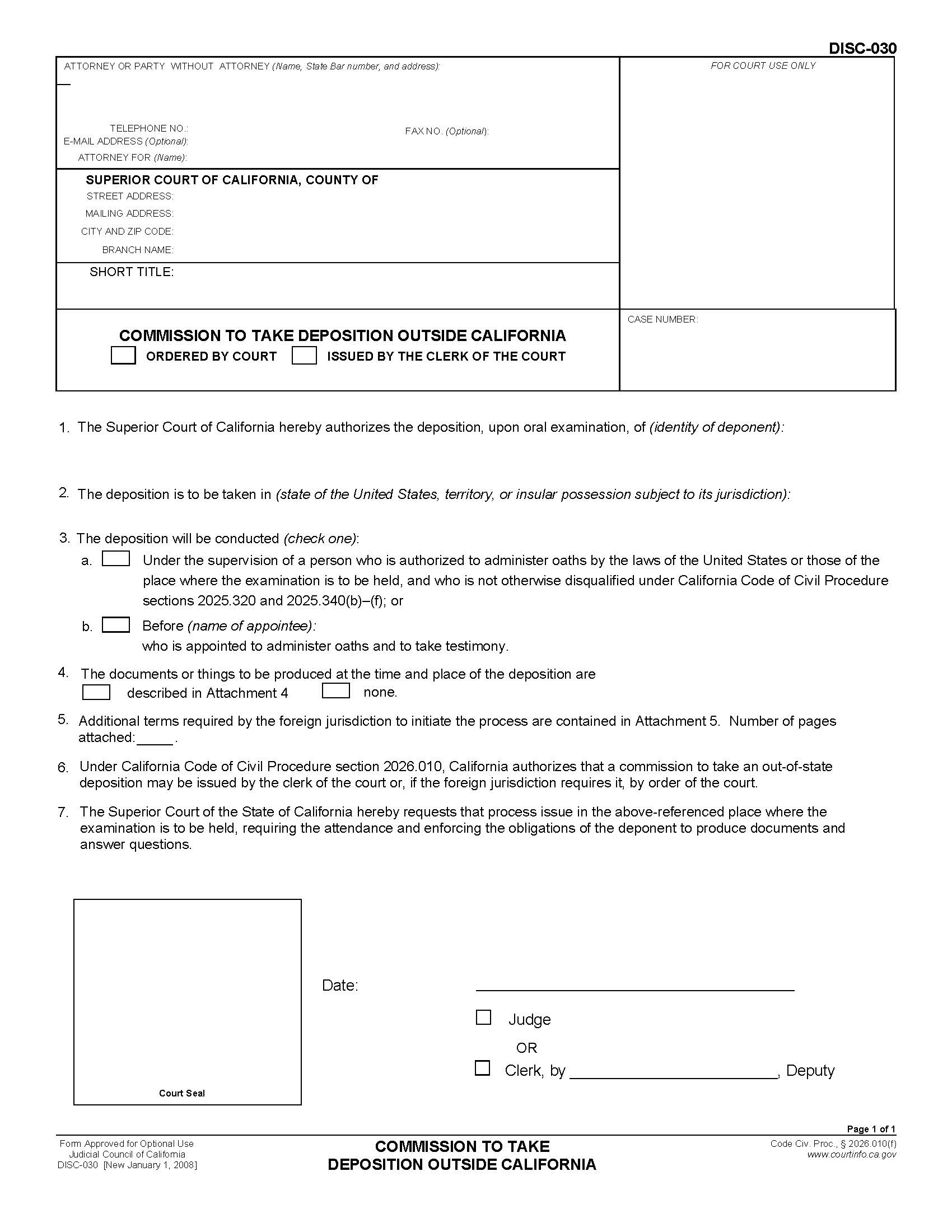 Commission To Take Deposition Outside California {DISC-030} | Pdf Fpdf Doc Docx | California