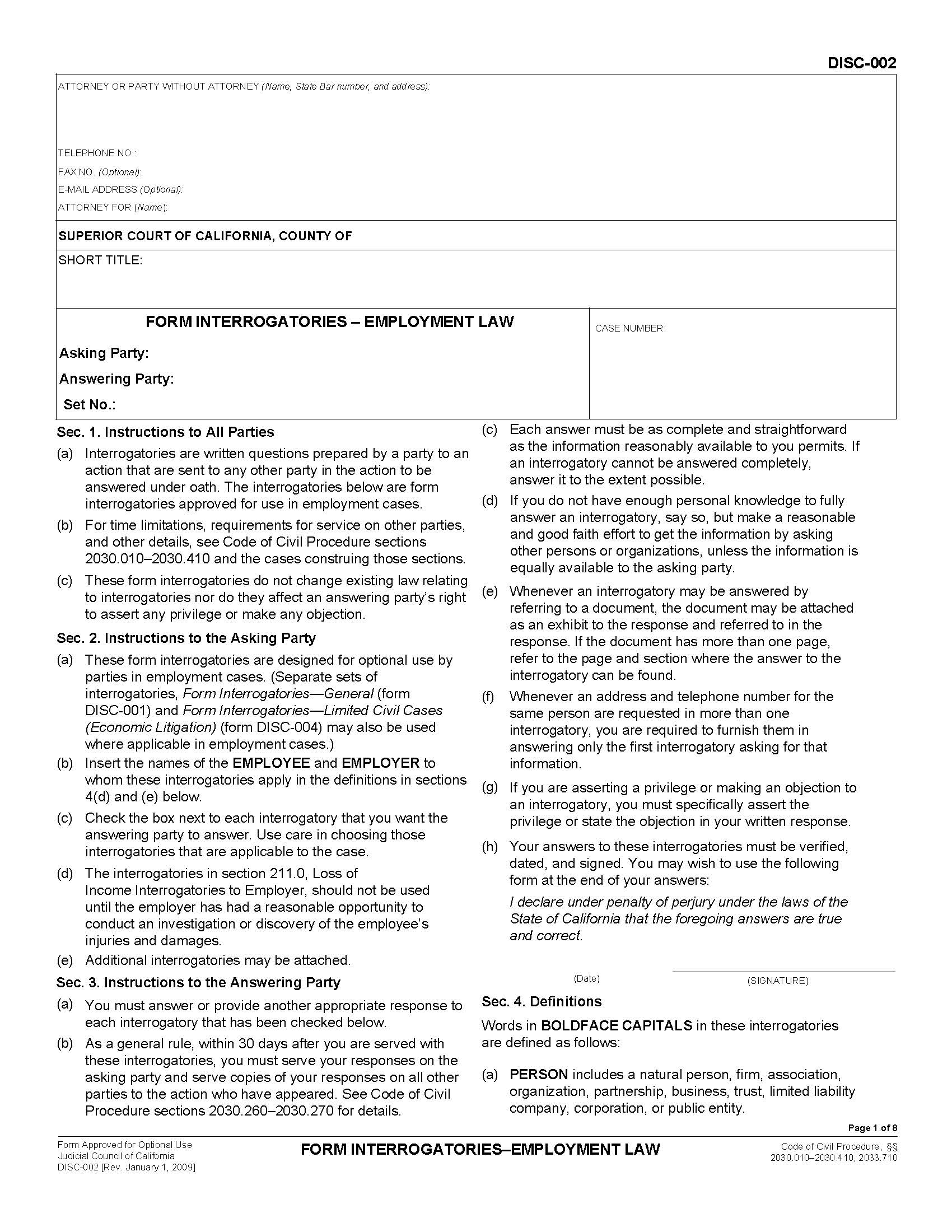 Form Interrogatories Employment Law {DISC-002} | Pdf Fpdf Docx | California