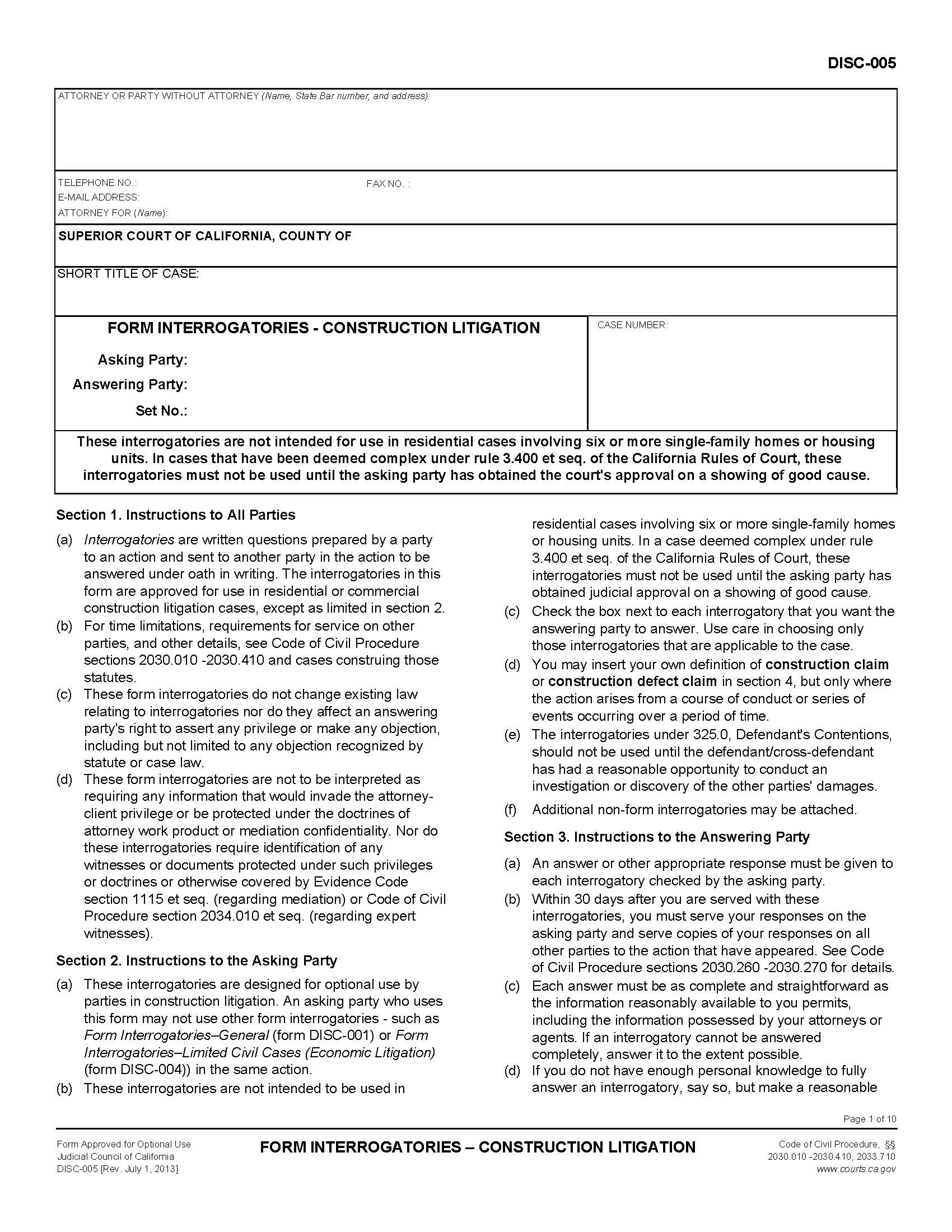 Form Interrogatories-Construction Litigation {DISC-005} | Pdf Fpdf Doc Docx | California
