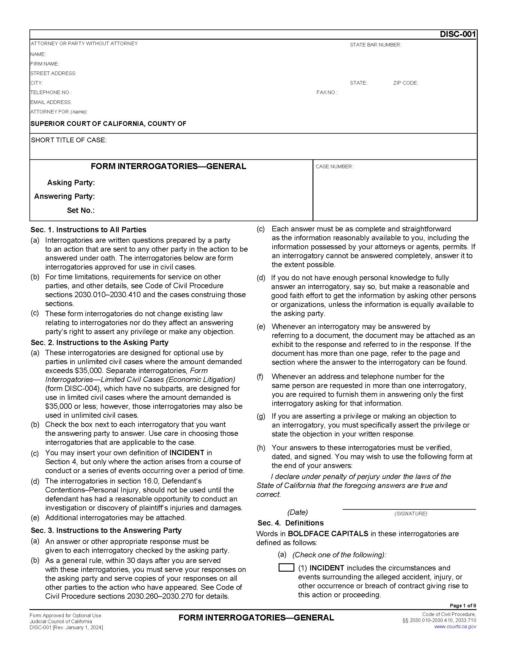Form Interrogatories-General {DISC-001} | Pdf Fpdf Docx | California
