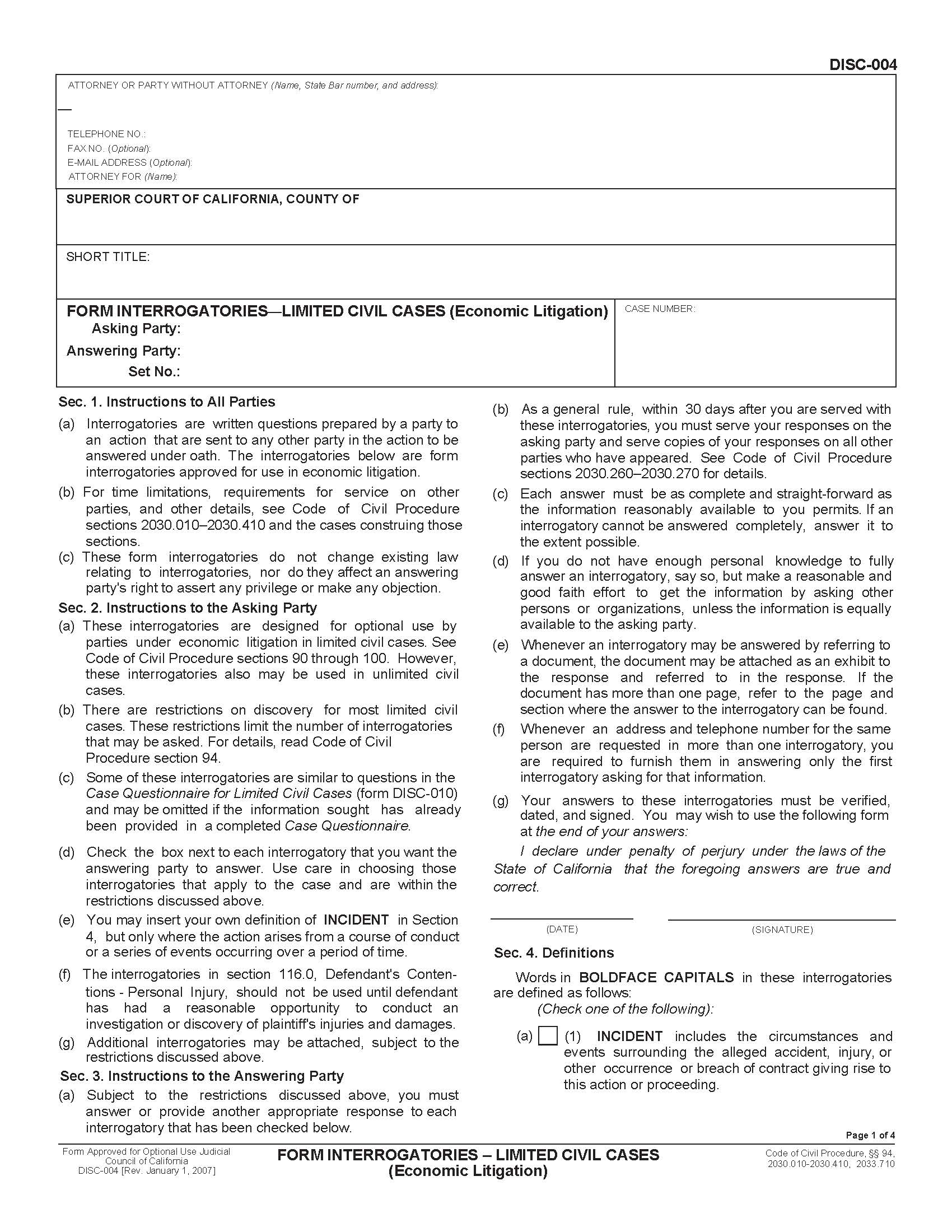 Form Interrogatories-Limited Civil Cases (Economic Litigation) {DISC-004} | Pdf Fpdf Doc Docx | California