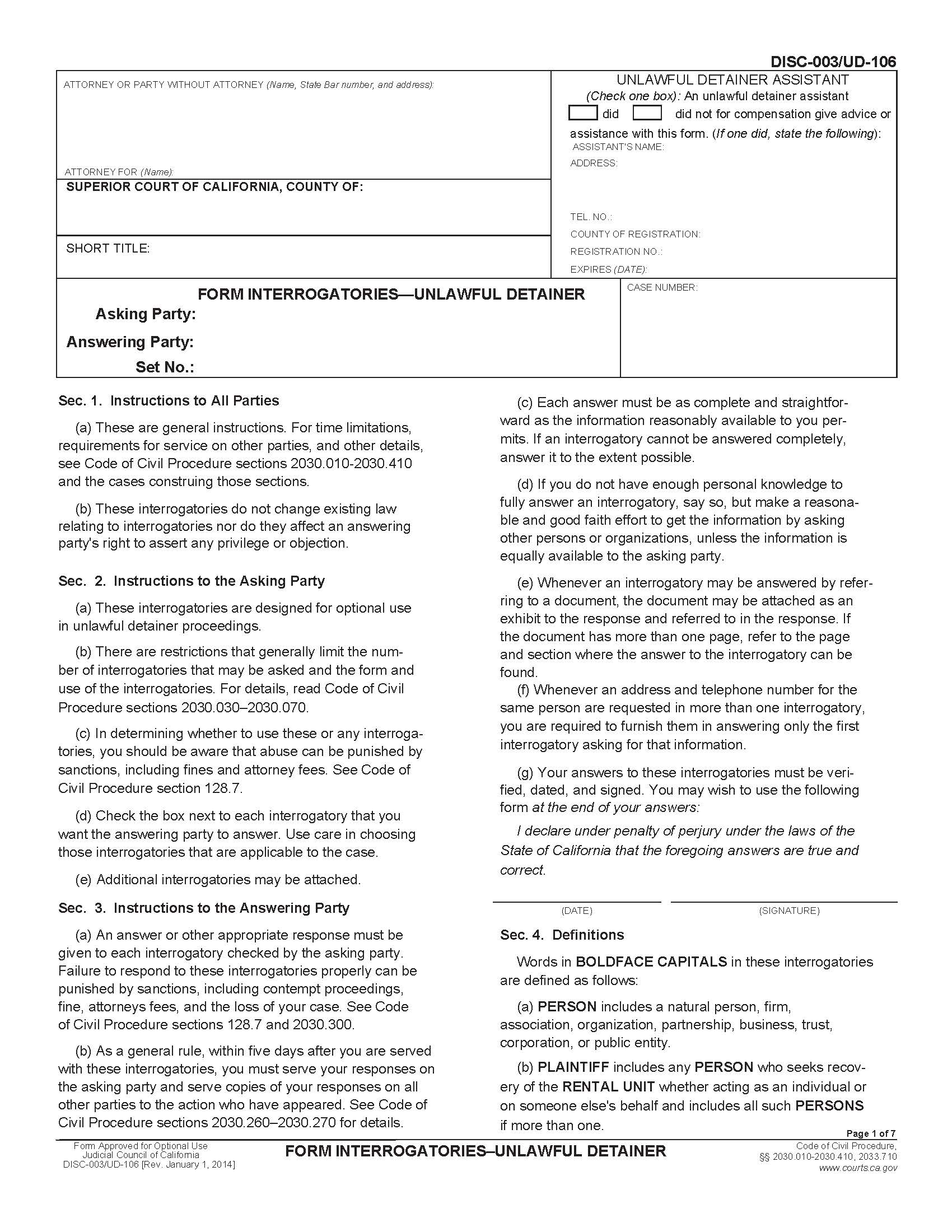 Form Interrogatories-Unlawful Detainer {DISC-003 UD-106} | Pdf Fpdf Doc Docx | California