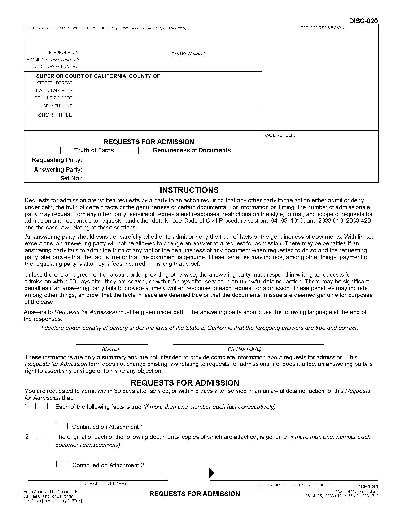 Request For Admission {DISC-020} | Pdf Fpdf Doc Docx | California