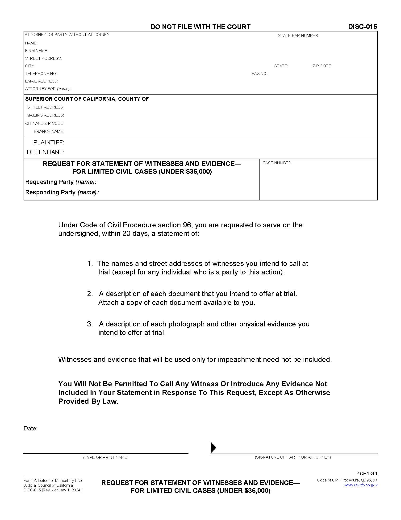 Request For Statement Of Witnesses And Evidence {DISC-015} | Pdf Fpdf Doc Docx | California
