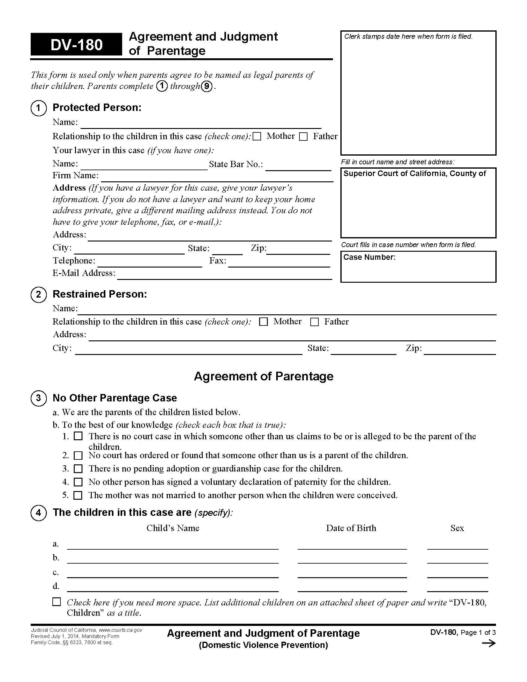 Agreement And Judgment Of Parentage {DV-180} | Pdf Fpdf Doc Docx | California